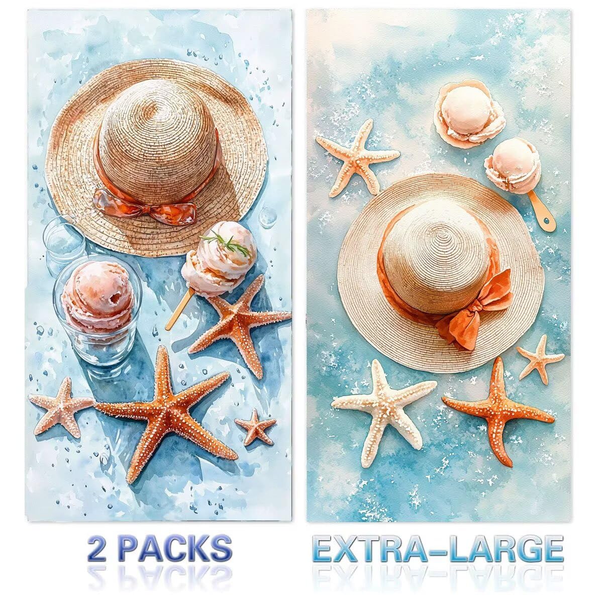 Ręcznik plażowy 90 x 200 cm, zestaw 2 dużych ręczników z mikrofibry szybkoschnący, chłonny, kompaktowy, ręcznik kąpielowy bez piasku lato koc plażowy damski na prezent (rozgwiazda kapelusz) H355