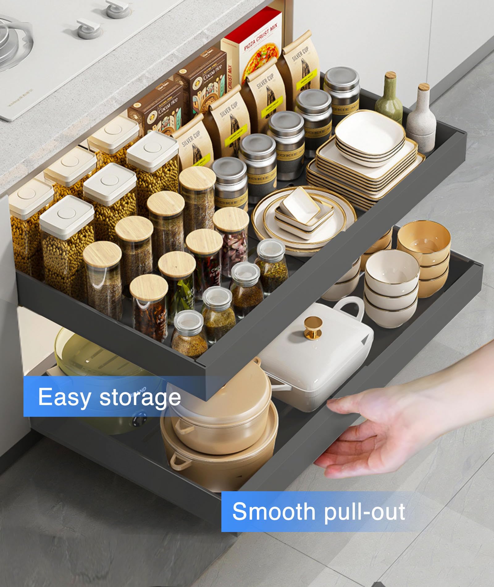 2 Cassetto Estraibile Cucina, Cassetti Estraibili per Cucina Non Sono Necessarie Forature e Chiodature Espandibile Cassetto Telescopico per Bagno Soggiorno 32-52x42x7cm(grey*2)