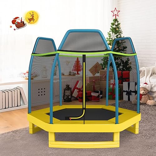 Miniatura 8 de LDAILY Trampolín para niños, trampolín recreativo de 7 pies, trampolín con recinto de seguridad de red, mini trampolín para exteriores e interiores,