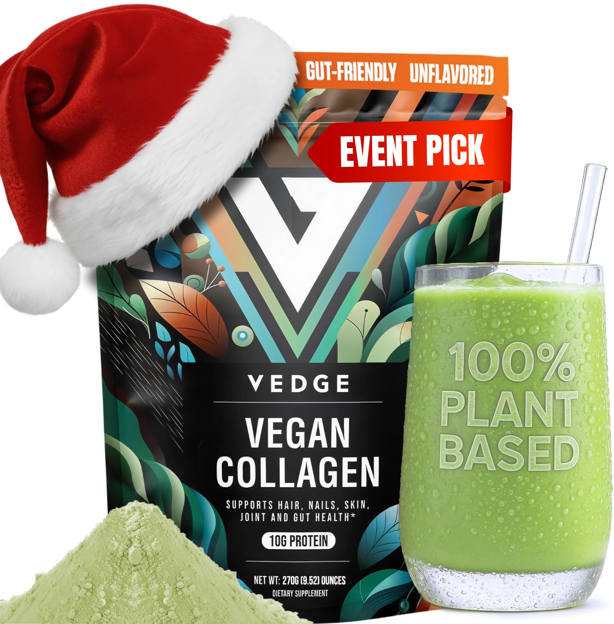 vedge Vegan Collagen Powder - Plant-Based Collagen Supplement for Hair, Skin, Nails, Joint & Gut Health. Collagen Peptides