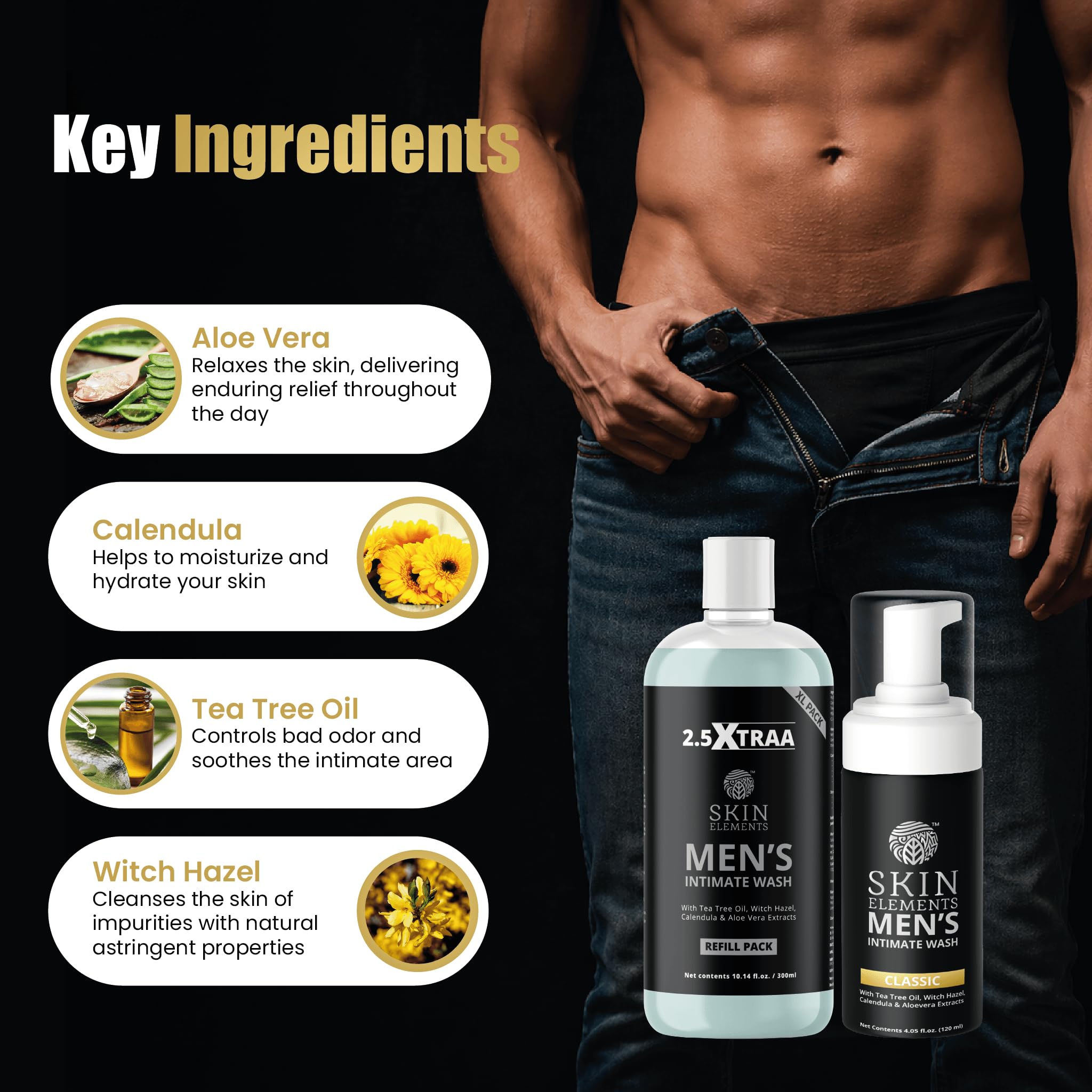Skin Elements Jabón de higiene íntima para hombre, paquete grande, con recambio, durante 180 días, 14.2 onzas líquidas, lavado espumoso equilibrado de pH | Controla el mal olor | con aceite de árbol