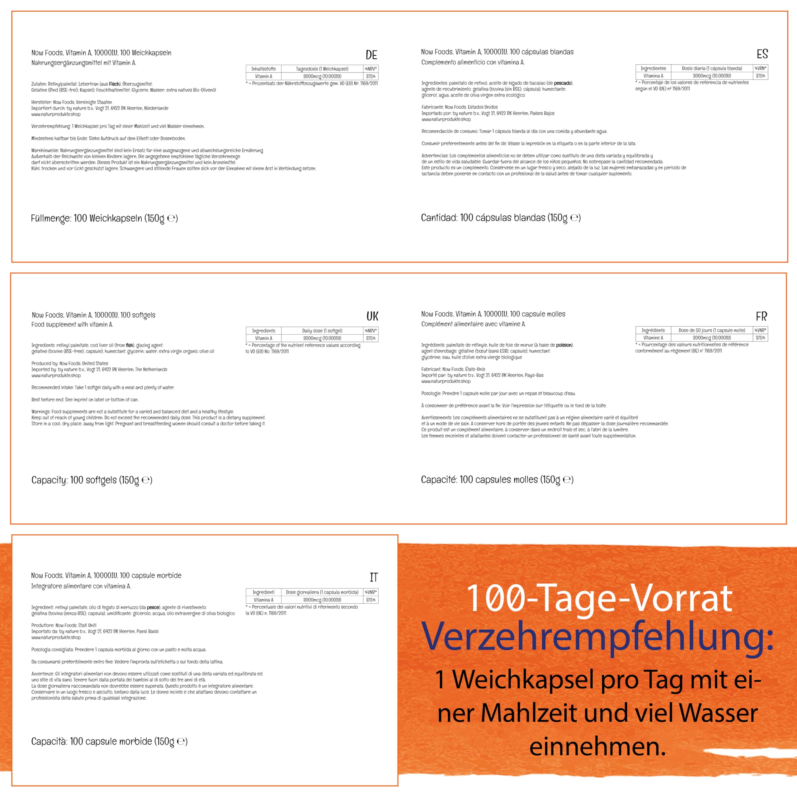 Now Foods, Vitamin A, 10.000IU (3.000mcg), aus Retinylpalmitat und Lebertran, Hochdosiert, 100 Kapseln, Laborgeprüft, Glutenfrei, Sojafrei, Ohne Gentechnik