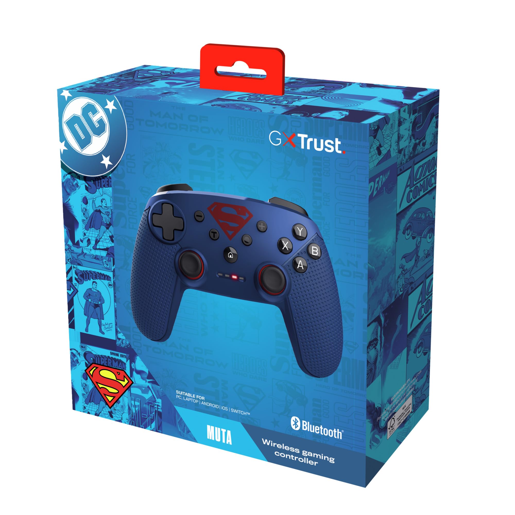 GXTrust 542SM Muta Manette Switch & PC sans Fil Licence Superman Bluetooth / 2.4GHz / USB, Batterie Rechargeable, Contrôleur de Jeu Nintendo Switch OLED/Lite iOS Android Consoles Windows, Bleu