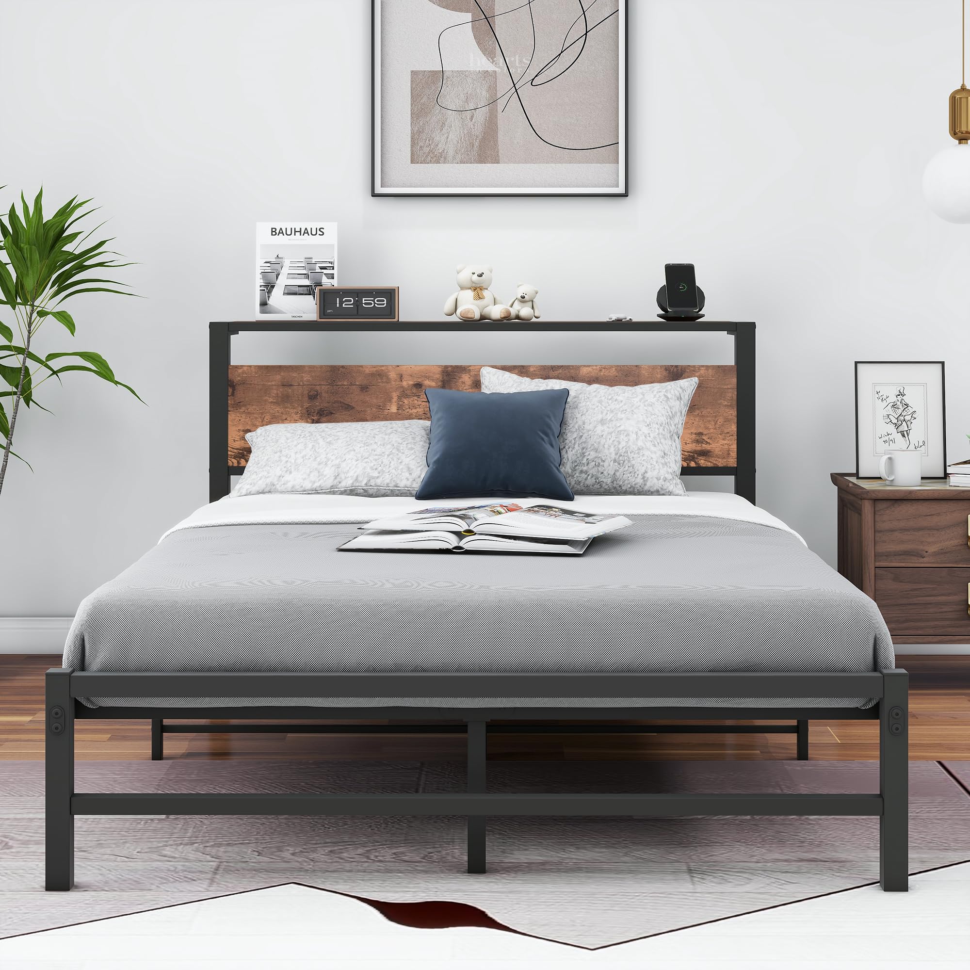 Metallbett Bettrahmen mit Holz Lagerung Kopfteil, Bettgestelle mit Lattenrost für Schlafzimmer Gästezimmer, Einfache Montage, Rauschfrei, 120 x 200 cm