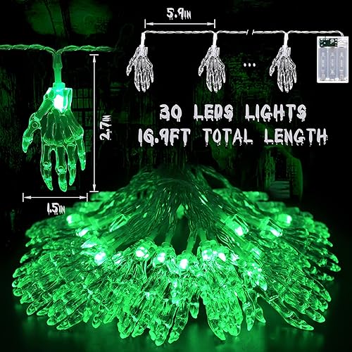 Miniatura 3 de JMEXSUSS - Tira de luces de Halloween, 15.2 pies, tira de luces con forma de mano de esqueleto, 30 luces LED, funciona con pilas, luces de Halloween