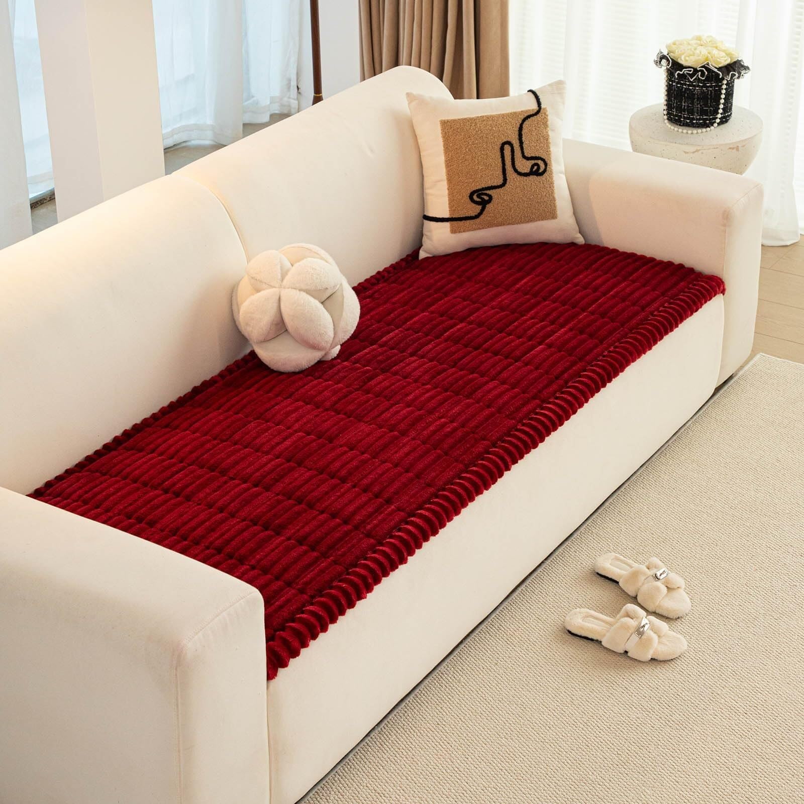 RAKKYOFD Soft Corduroy Sectional Sofa Cover 1 Piece Striped Couch Cover Super Washable Non Slip Sofa Slipcover Furniture Protector for Kid Dog Pet,(Red,35"x82")