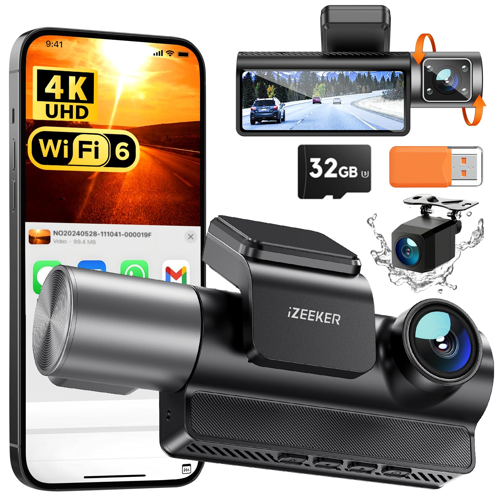 iZEEKER 3-Kanal 4K Dashcam Auto mit 32 GB Karte, 4K+1080P+1080P Vorne Hinten Innen, WDR, IR Nachtsicht, WiFi 6, Loop-Aufnahme, G-Sensor, 24h Parkmodus