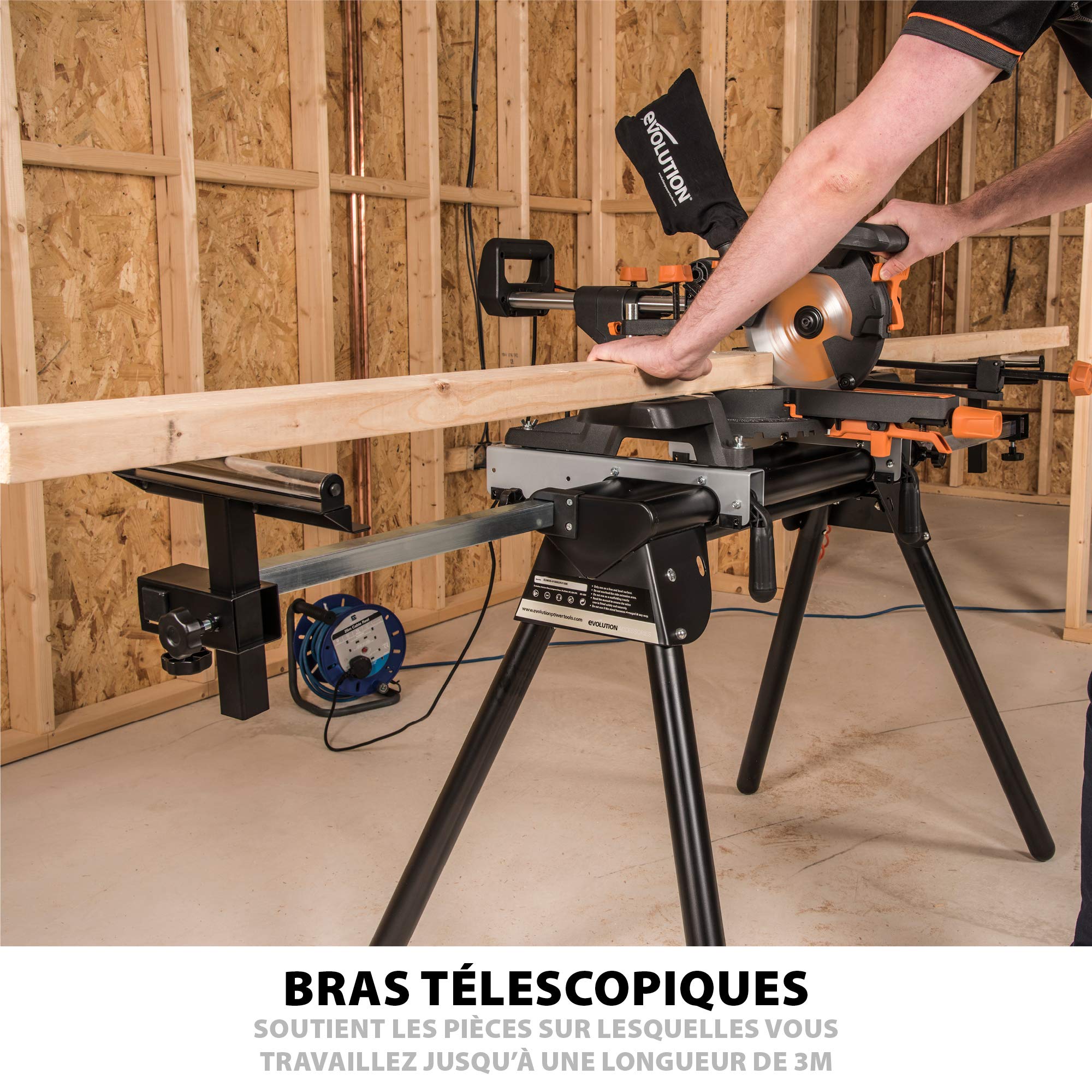 Support Universel Scie À Onglet Evolution Power Tools EVOMS1 Pieds Repliables Bras Extensibles 150 Kg 3 m