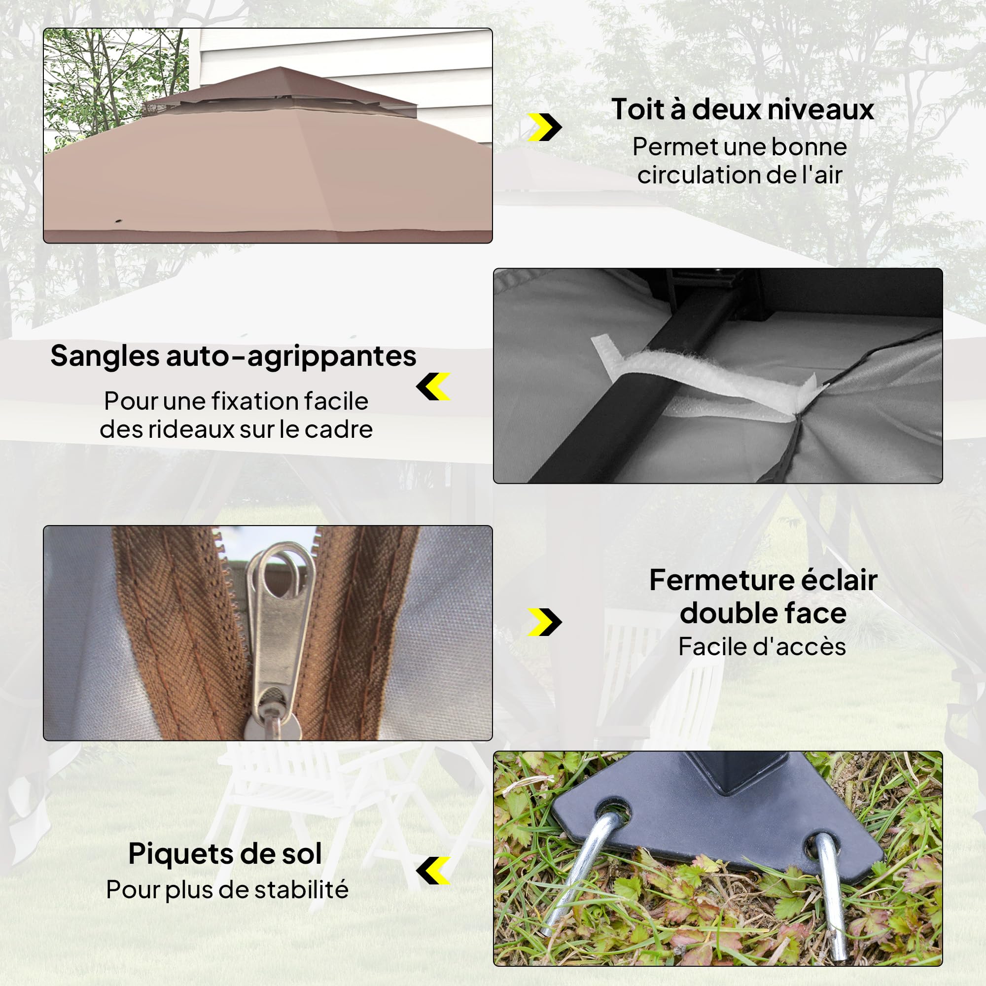 Outsunny Tonnelle de Jardin Extérieur Pliante 3,6x3,6m Kaki Marron