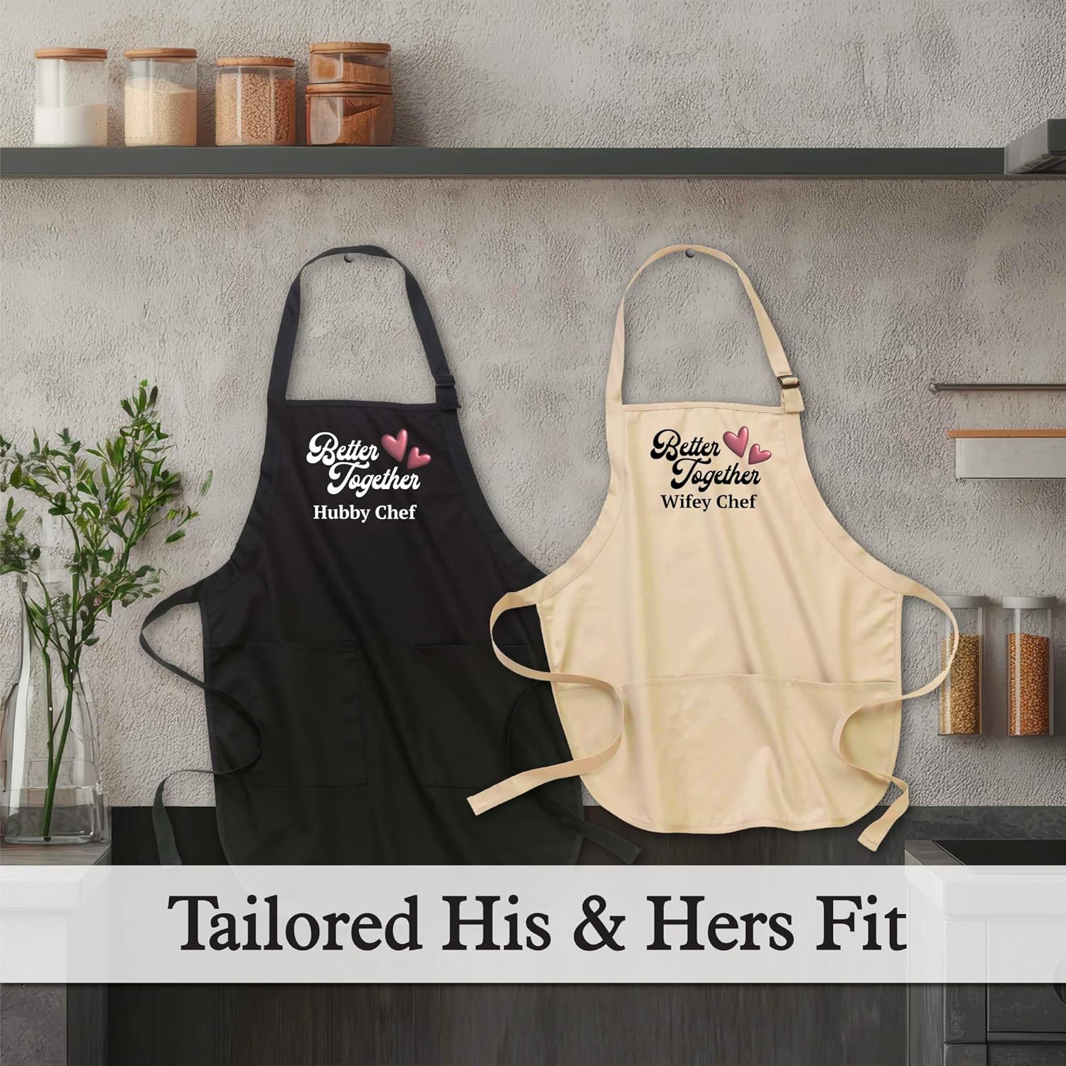 Personalized Couple Apron Set with Custom Text – “Better Together” Rose Gold Puff Accent, His & Hers Aprons