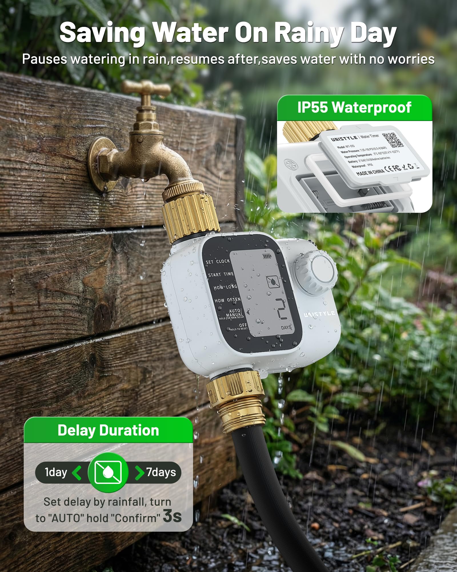 Unistyle Timer per irrigazione con ingressi in ottone, timer programmabile per acqua per tubo da giardino, timer impermeabile IP55 con timer di irrigazione manuale e automatico per cortile e prato