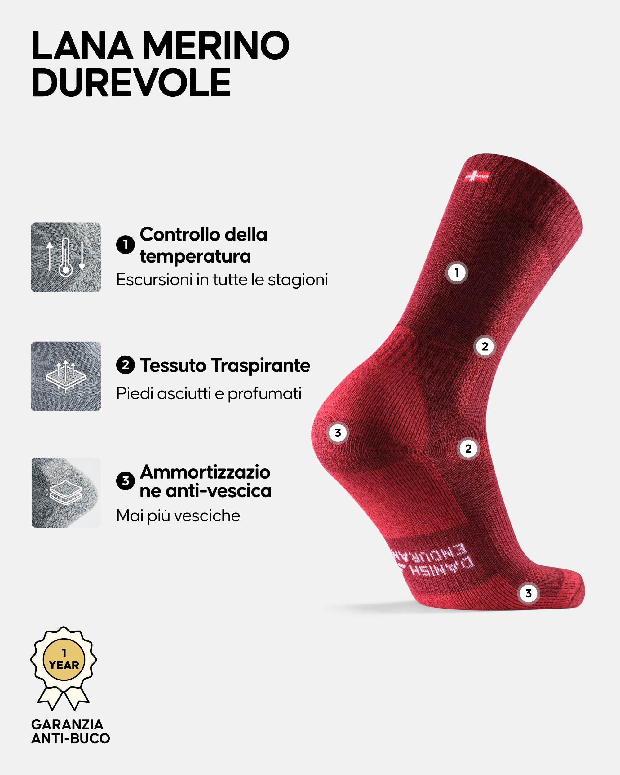 DANISH ENDURANCE Calze Trekking in Lana Merino, Anti-Vescica, Calzini Escursionismo da Uomo, Donna, Bambino, 3 Paia