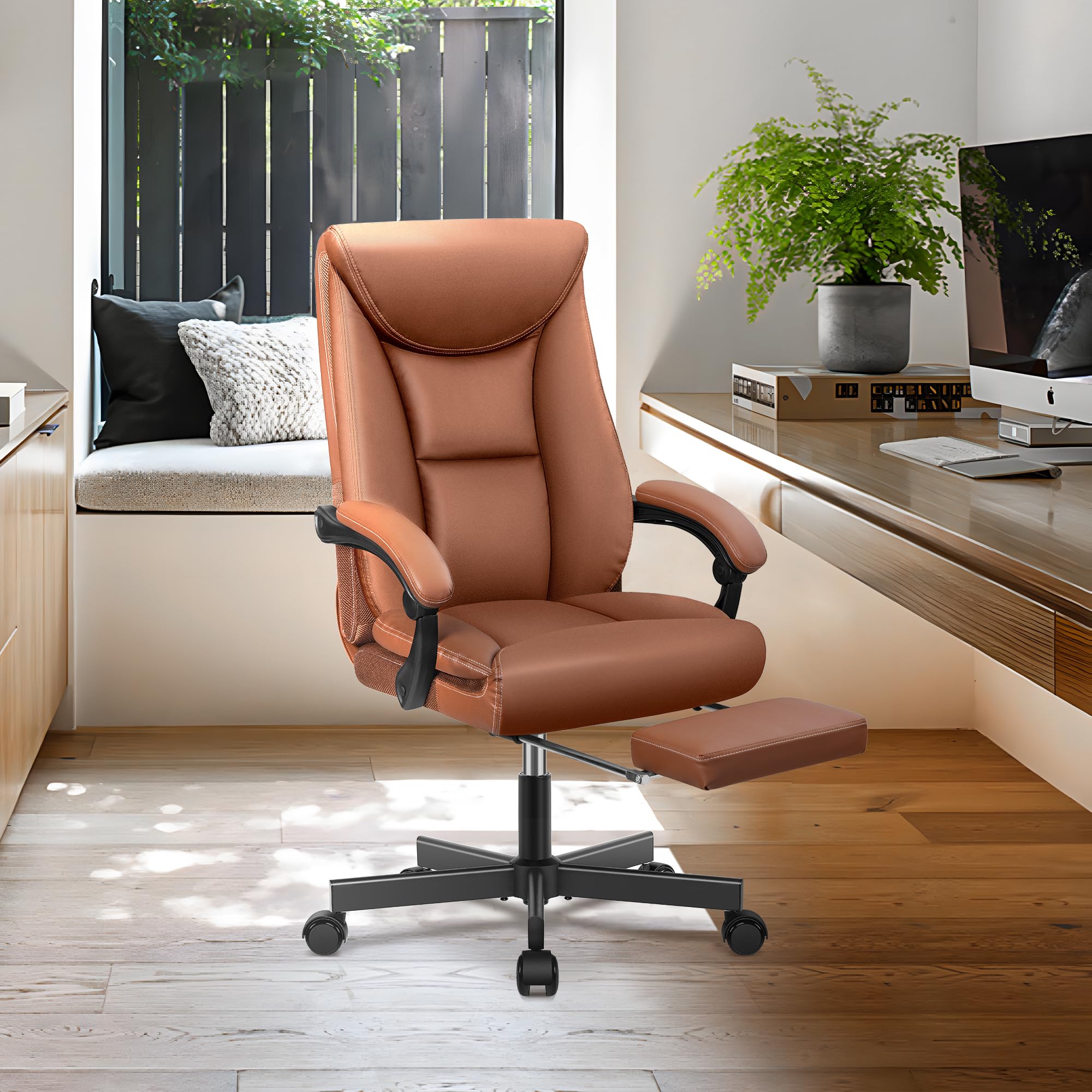 Chefsessel Breiter Bürostuhl ergonomischer Schreibtischstuhl hohe Rückenlehne 150KG mit Fußstütze Office Chair aus PU-Leder, Braun