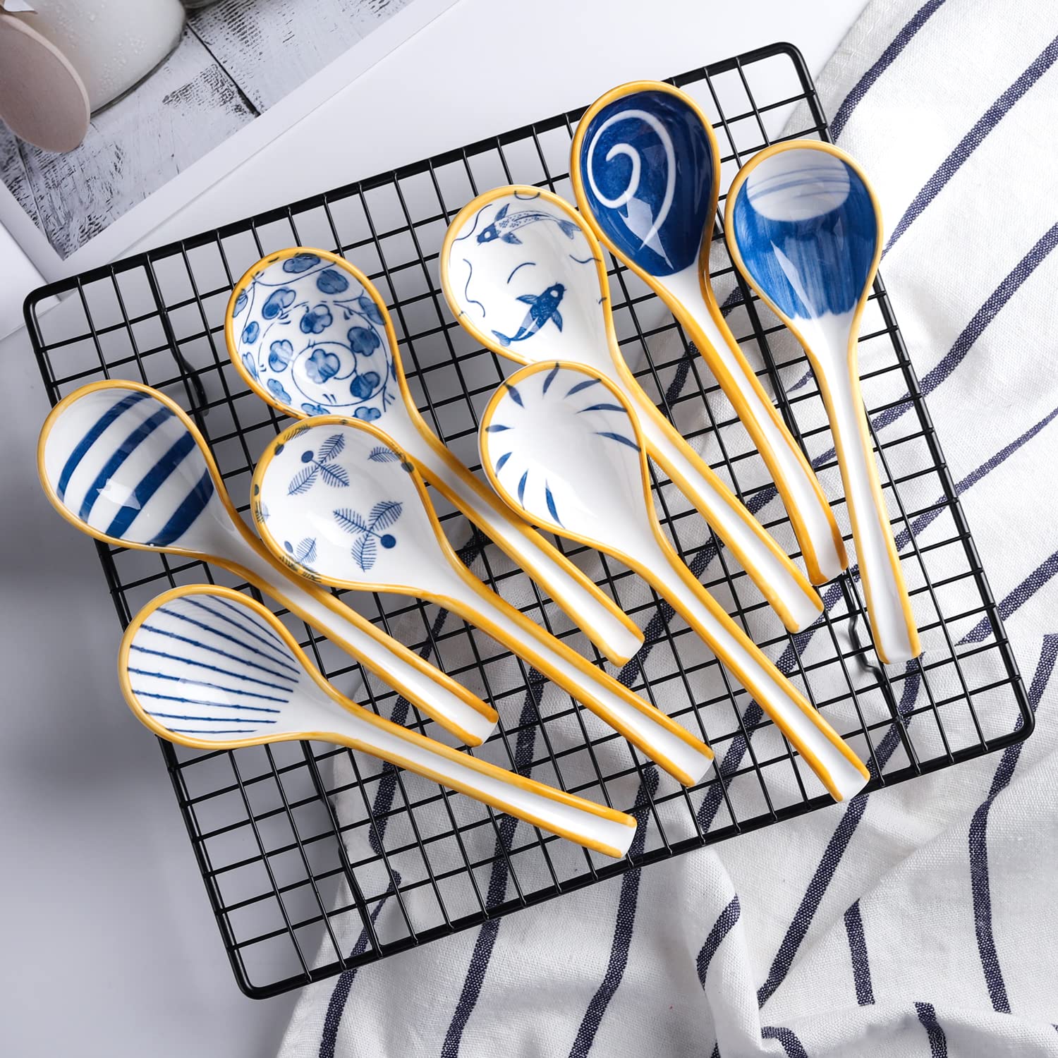 Suppenlöffel Keramik Große Asiatische Suppenlöffel 8er Set Ramen Löffel Koreanischer Stil Langgriff Löffel für Pho Nudeln Knödel Miso Dessert Müsli (Stil 1)