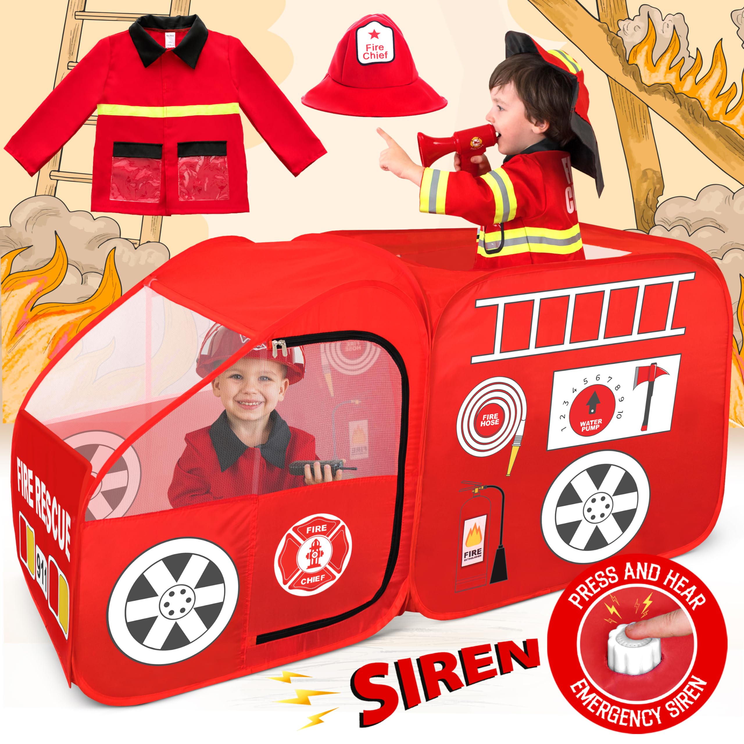 W&O Fire Truck Play Tent with Siren Button, Firefighter Hat & Jacket – Ultimate Firefighter Pop-Up Tent for Toddlers & Kids
