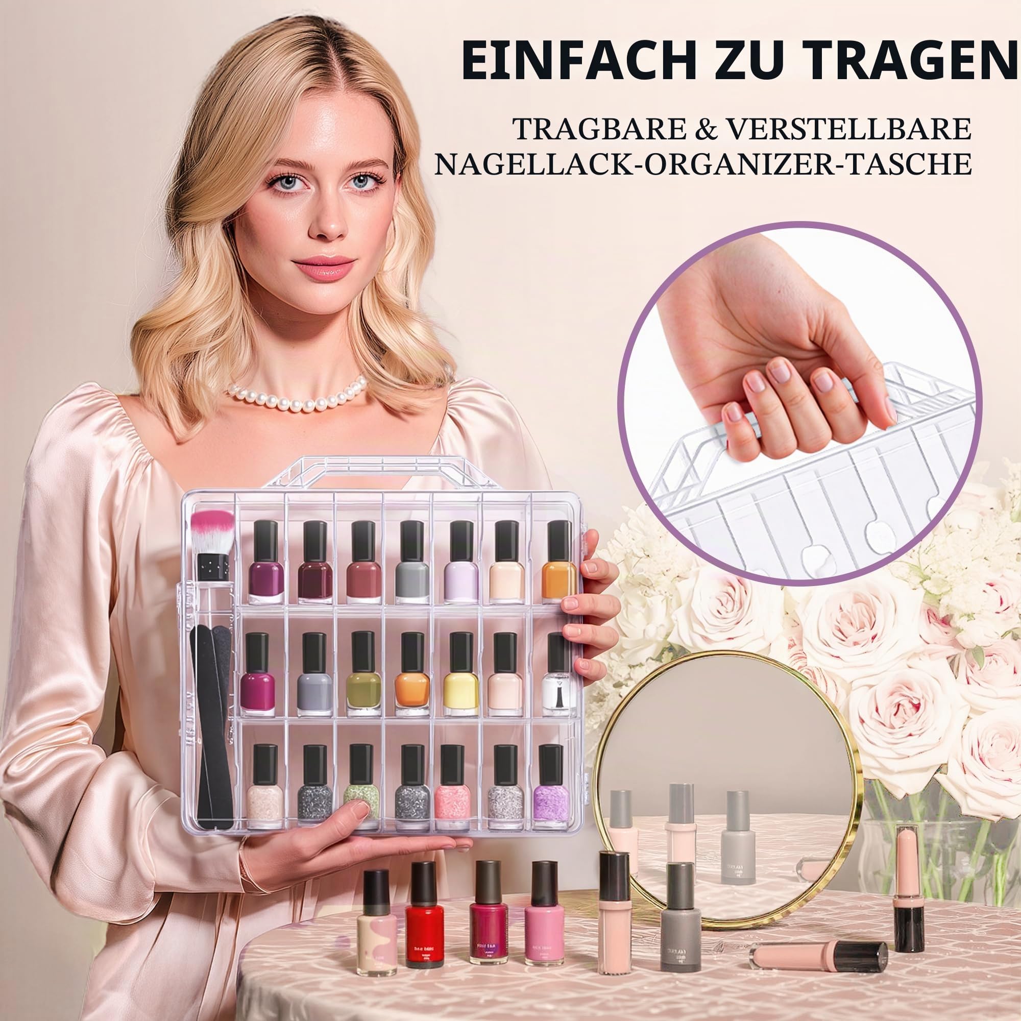 DreamGenius Tragbarer Nagellack-Organizer für 48 Flaschen, doppelseitig und verschließbar, Gel-Nagellack-Halter, platzsparend, mit 8 verstellbaren Trennwänden