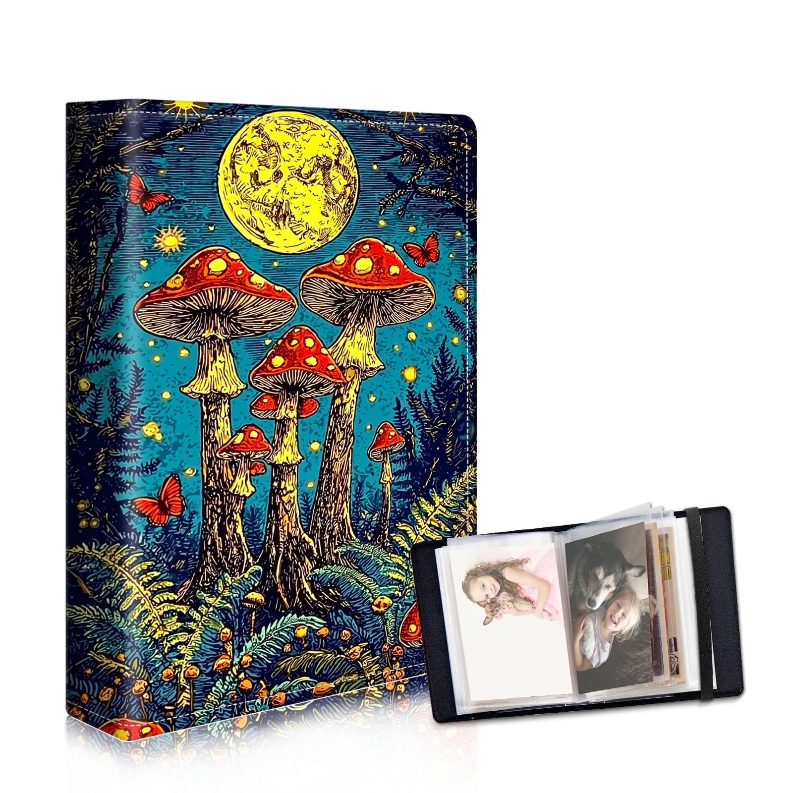 DISUOFEART Photo Albums 4x6 Pictures, Large Capacity Leather Cover Photo Book with Clear Pockets, Moonlit Mushroom Grove Family Picture Album for Wedding Anniversary Baby Travel