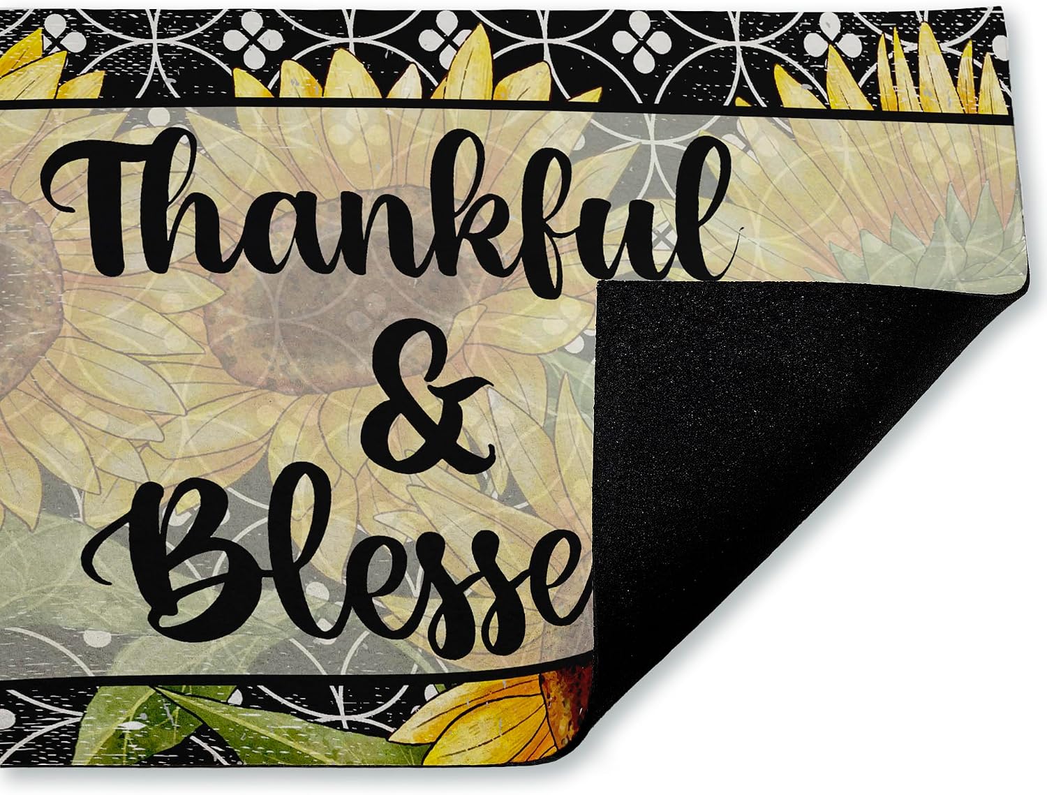 Stupell Industries Thankful & Blessed Sunflowers Outdoor Door Mat, Durable Non-Slip Unwoven Mat with Recycled Rubber Backing, Weather-Resistant Autumn Harvest Floral Design by Kim Allen, 18"x30"