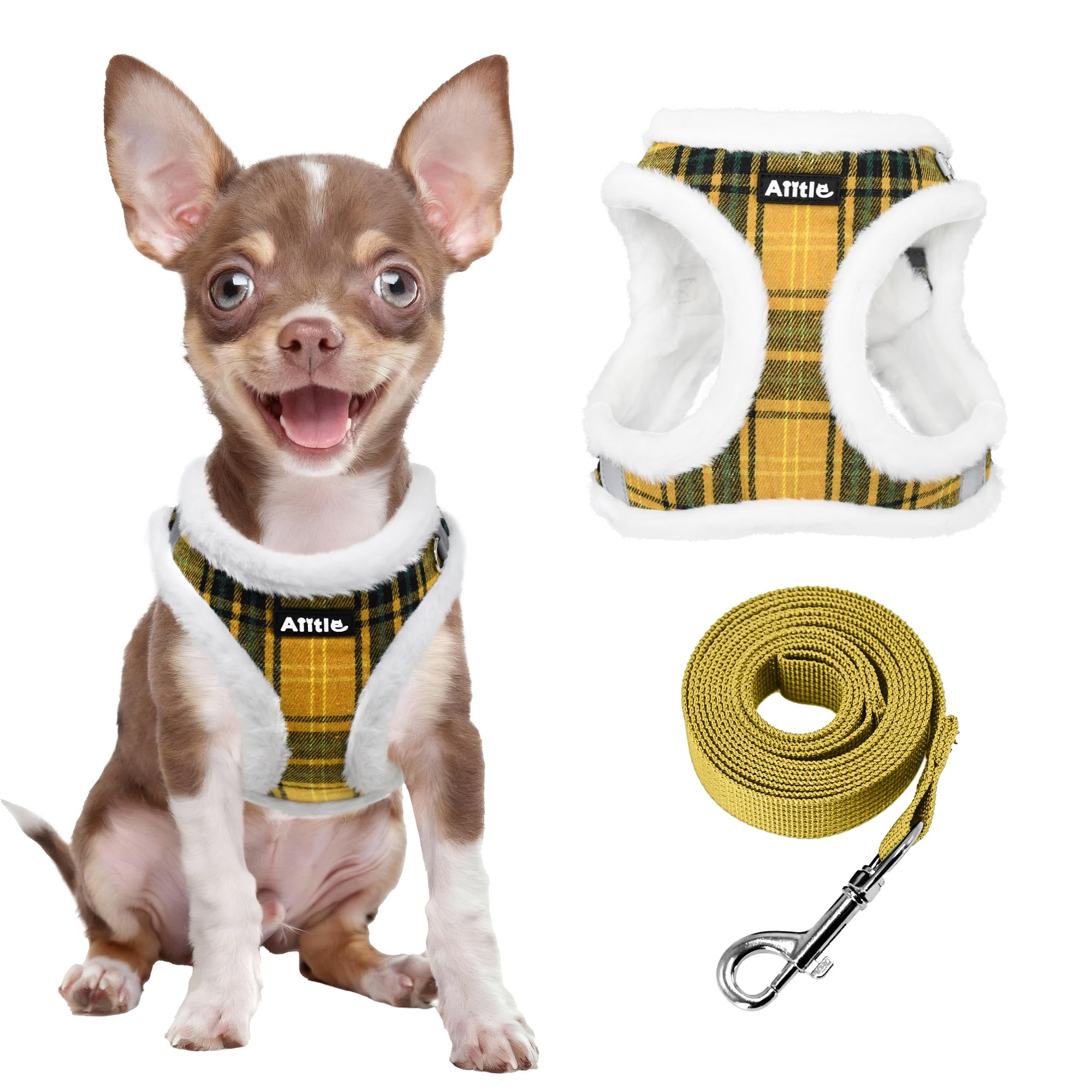 AIITLE Soft Dog Harness & Leash Set - Checkered Style, Reflective, Comfortable, Adjustable, Secure with Hook & Loop Fastener, No-Choke Design for Small Medium Dogs - Outdoor Adventures (Yellow, S)