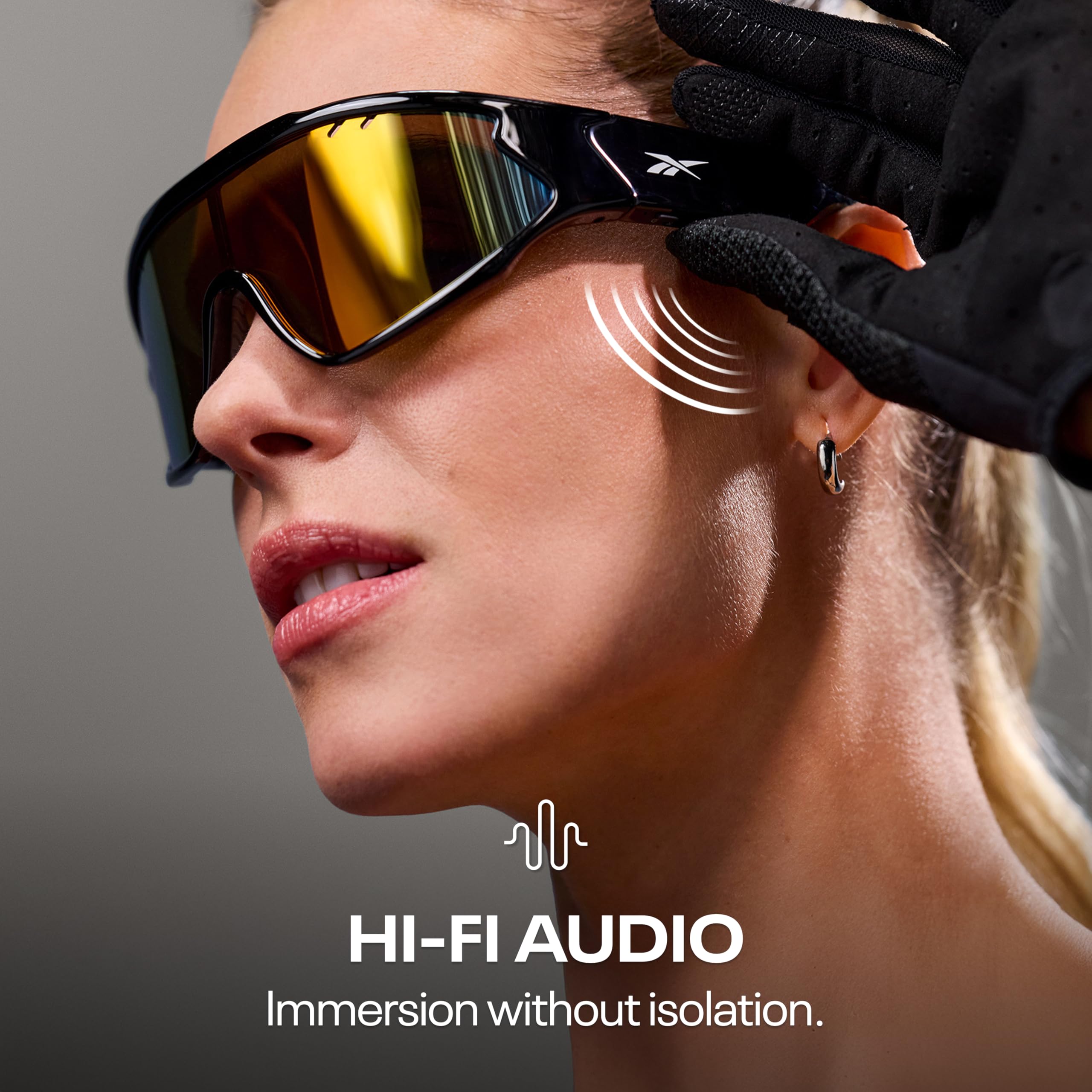 Reebok Lucyd - Occhiali da sole con audio intelligente, lenti polarizzate a specchio rosso, unisex, HiFi Bluetooth, con protezione UV