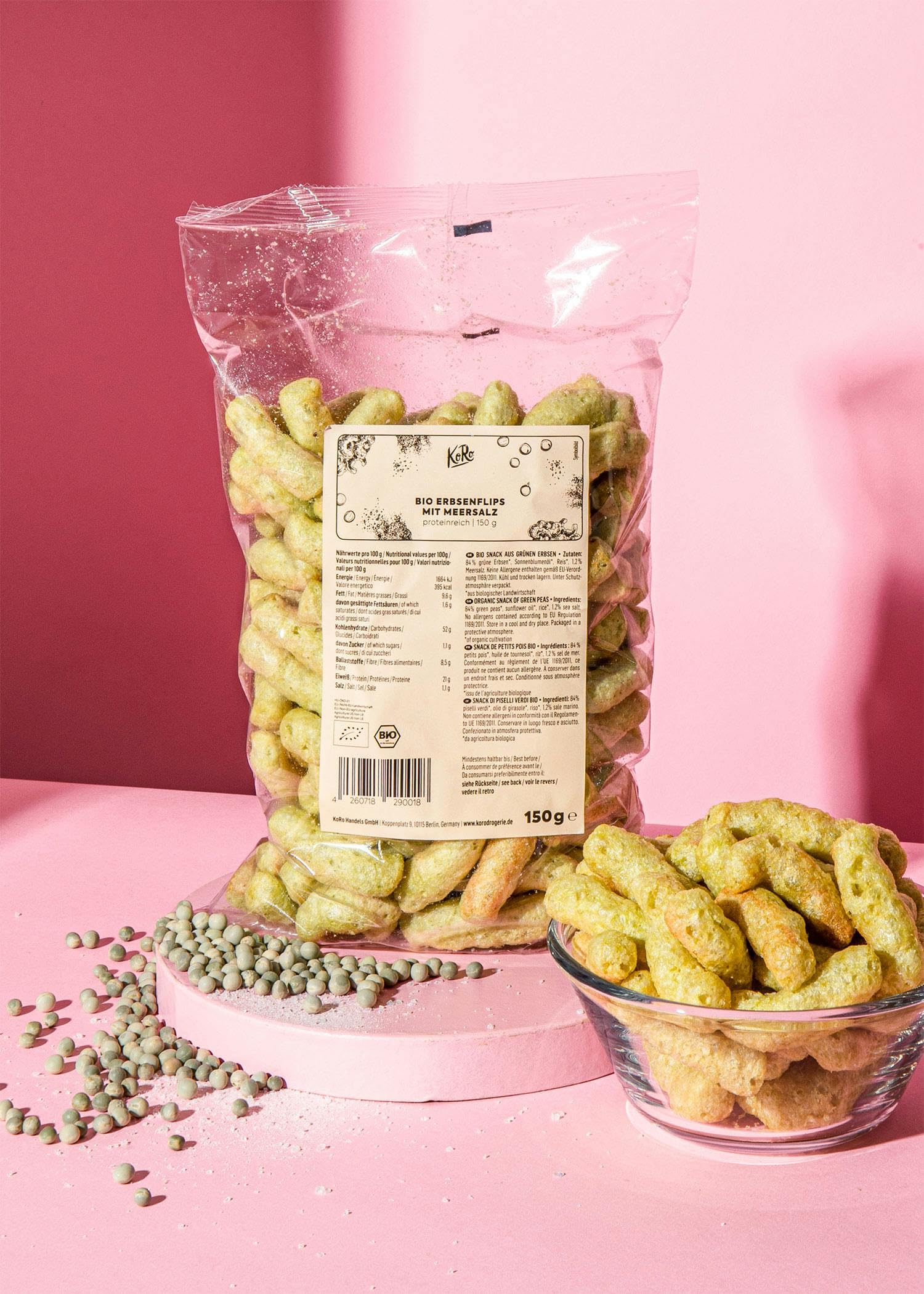 KoRo - Cornetti di piselli bio con sale marino 5 x 150 g - Senza glutine - Ad alto contenuto proteico - A basso contenuto di zuccheri