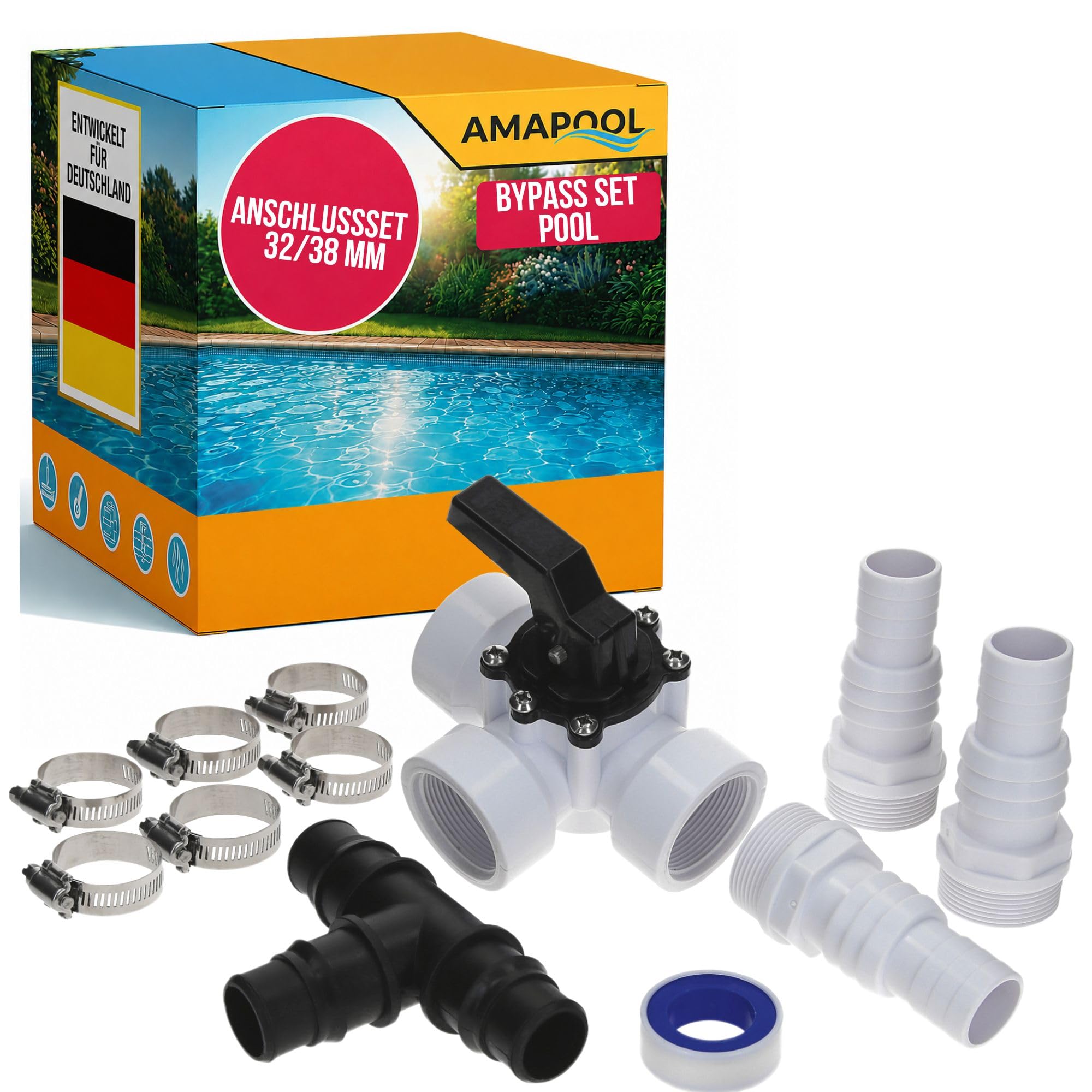 Amapool Bypass Set Pool 38mm – Komplettset für Poolheizung & Sandfilteranlage mit 3-Wege-Ventil, Anschlussset für Poolzubehör & Schlauch 32/38mm, Poolheizung
