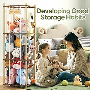 Stuffed Animal Storage, Two-Tone Wood Toy Storage, Space Save Zoo Toy Organizer, Large Capacity Stuffed Animal Holder for Toddler, Gift for Playroom Bedroom Nursery, WJJ-S1