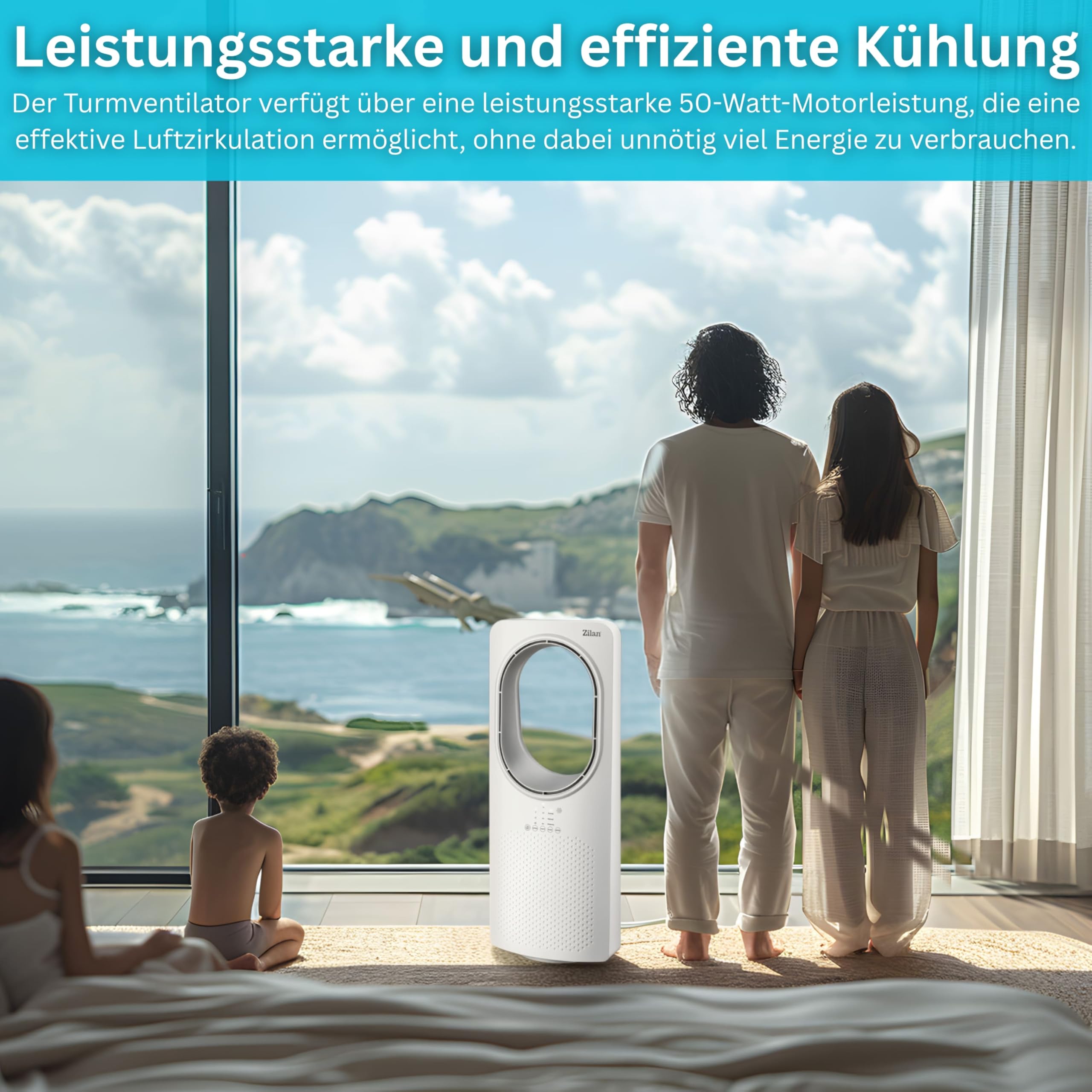 Zilan Turmventilator mit Fernbedienung Aircooler Luftkühler Design Standventilator energiesparend leise oszillierend Bodenventilator Säulenventilator mit Kühlung Tower Fan Mobile Klimaanlage