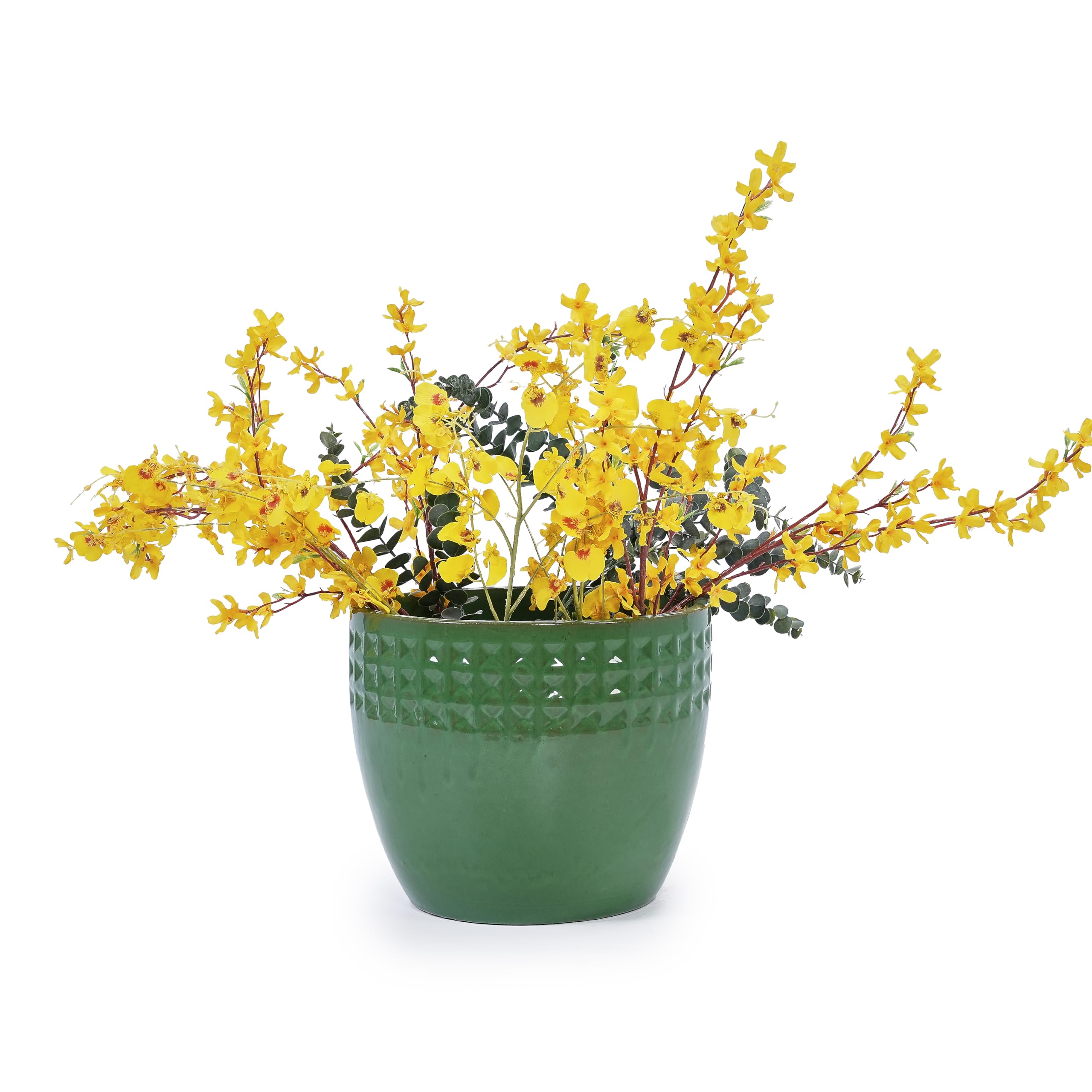 Ceramiczna doniczka na kwiaty, 3-częściowy, ręcznie wykonana, ozdobna doniczka z zielonym wzorem w romby, jasnozielona, Ø 38/30/23 cm, odporna na mróz i otwory odpływowe, do użytku wewnątrz i