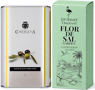 jaramari® Genuss Set – Olivenöl Extra Vergine 1L (La Chinata) + Flor de Sal Garden 200g – Premium Finishing Salz – Geschenkset für Küche, Salat, Fleisch & Gemüse