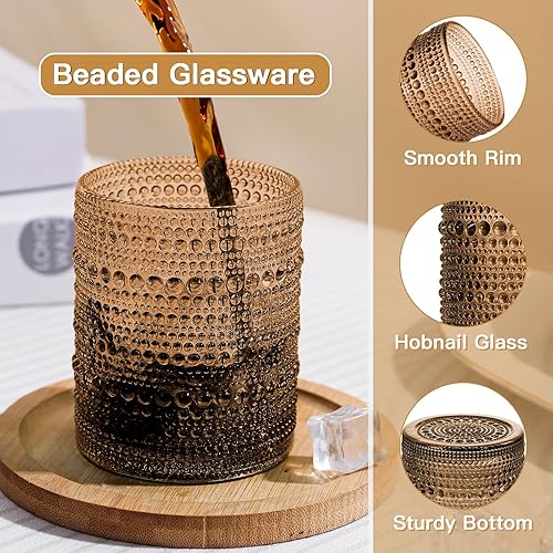 Miniatura 4 de Juego de 6 vasos de agua con estampado vintage de hobnail en relieve de 12 onzas, vasos de vidrio con cuentas para cocina y bar, vasos de vidrio