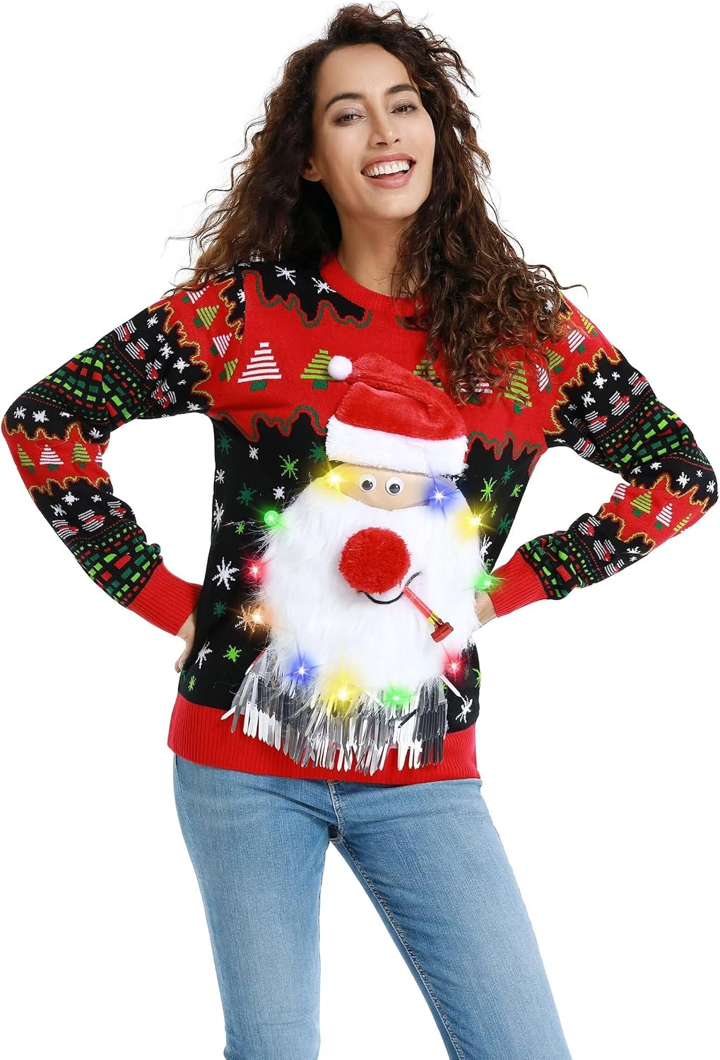 Ugly Christmas Sweater Women Unisex Funny Novelty Knit Pullover with Santa Reindder for Xmas PartyLargeLet's Party Santa Shimmer