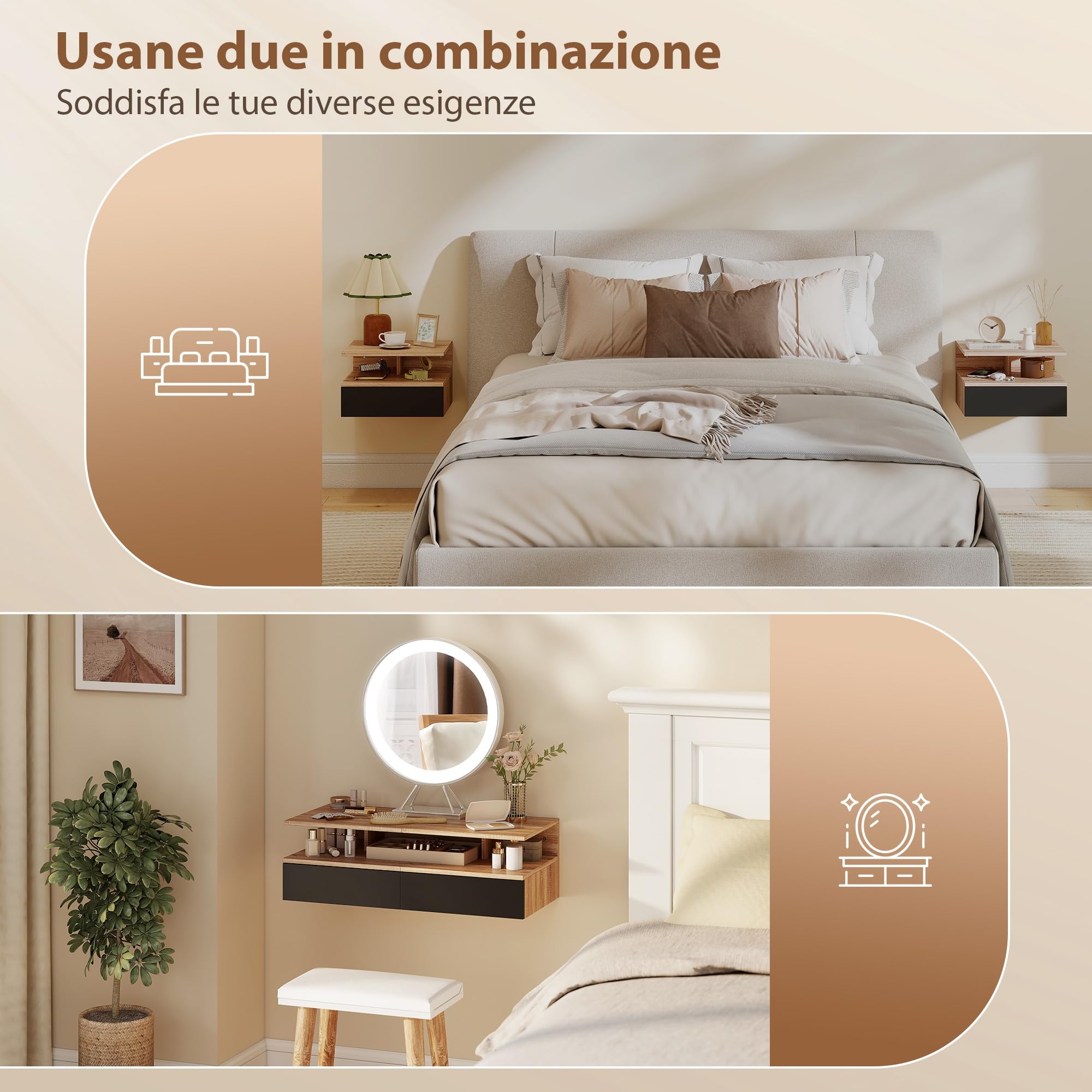 HOMCOM Set da 2 Comodini Sospesi per Camera da Letto, 2 Comodini per Camera da Letto Soggiorno, Salvaspazio Design, con Cassetto e Mensola Superiore in Legno, 35x32x22.5cm, Nero e Rovere