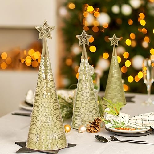 Miniatura 1 de Juego de 3 árboles de Navidad de cristal dorado, 17, 15, 13 pulgadas, pequeño árbol de Navidad hecho a mano, decoración de discoteca para decoración