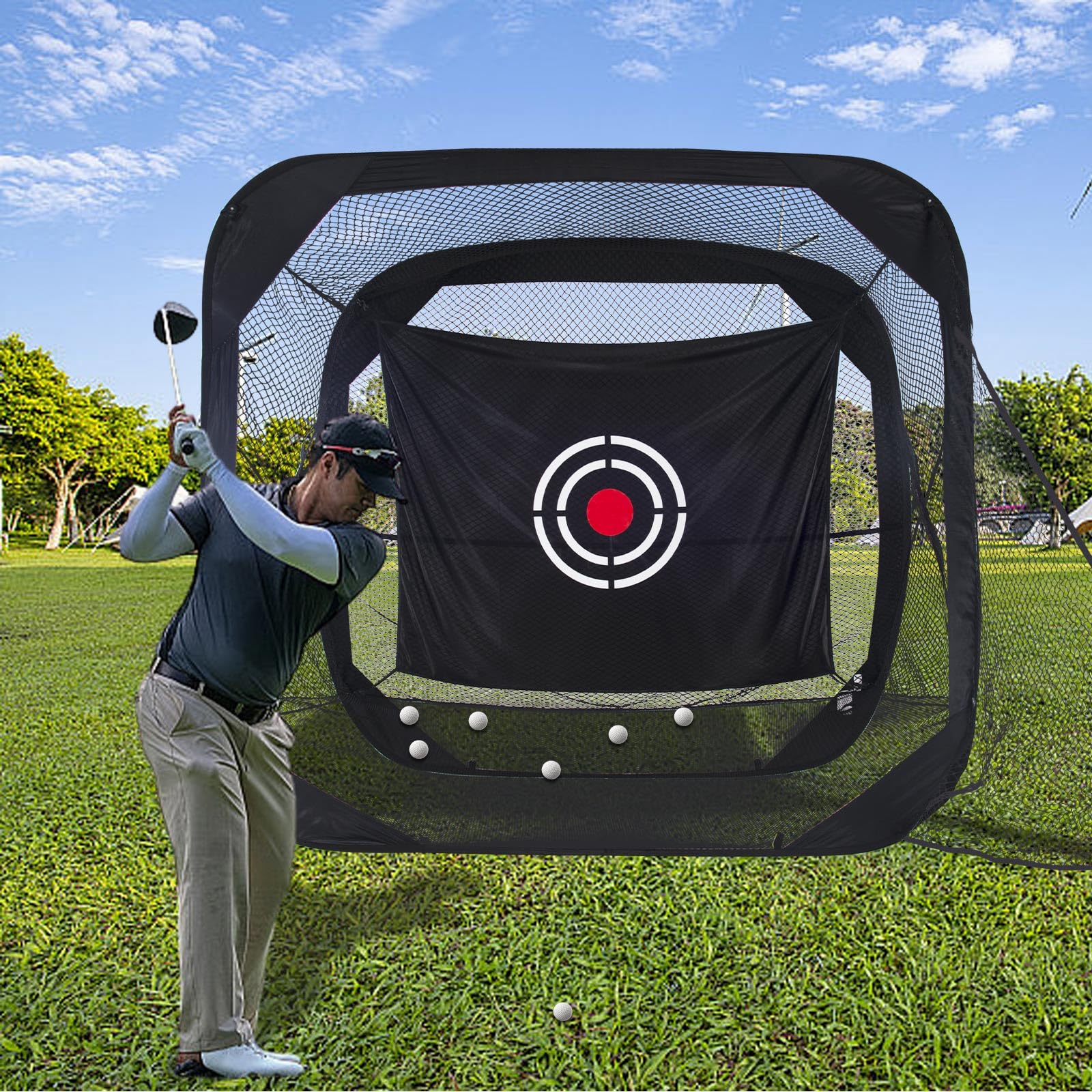Golfnetz 210x120x210 cm: Golf Übungsnetz mit flexiblem Flachstahlrahmen, Glasfaserstäben und merzerisiertem Zieltuch