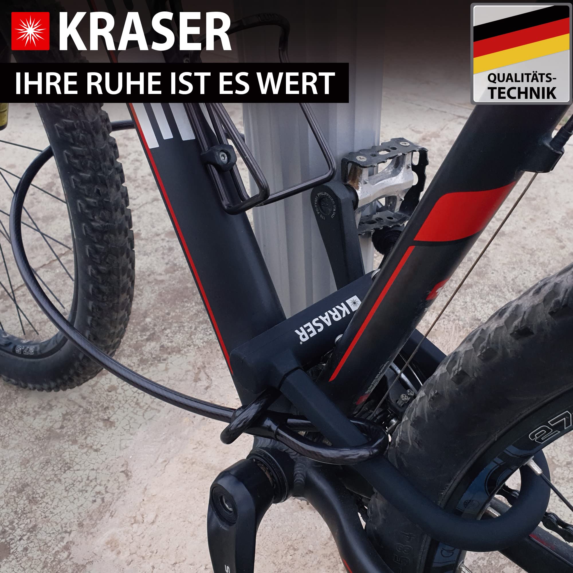 KRASER KR65145B Bügelschloss Fahrrad U Fahrradschloss Universal Hohe Sicherheit + Stahl Kabelschloss 120cm + Halterung