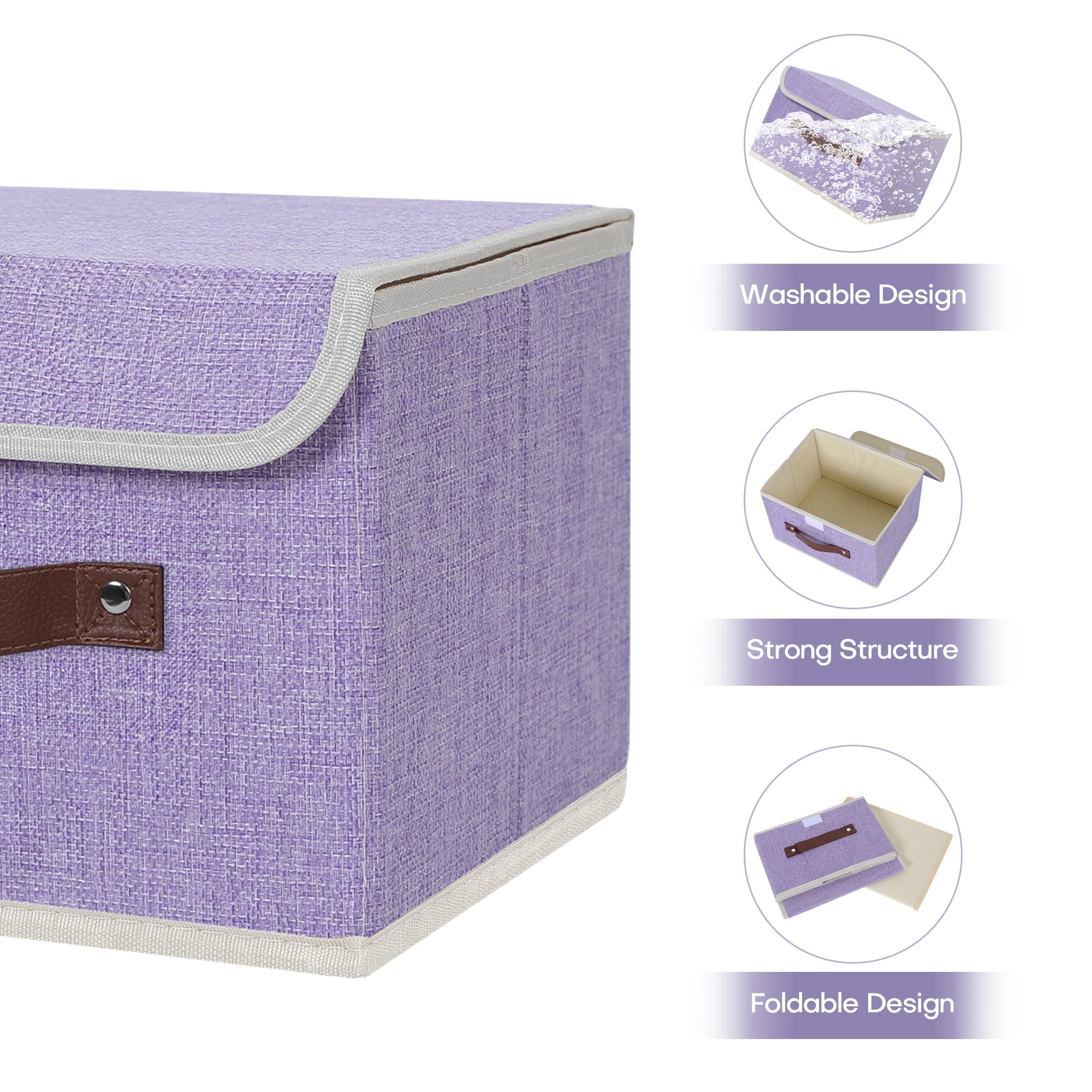 ANMINY Aufbewahrungsbox aus Stoff mit Deckel, Lila, 25,4 x 20,3 x 17,8 cm, 4 Stück | Erinnerungsspeicher, Baumwollleinen, PP-Platte verstärkt, waschbar, PU-Griffe, faltbar & stapelbar, dekorativ, klein