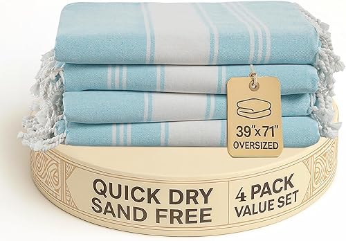 LANE LINEN Toalla de playa 100% algodón con bolsa, 4 toallas de gran tamaño, 39 x 71 pulgadas, toalla de viaje de arena absorbente de piscina, extra