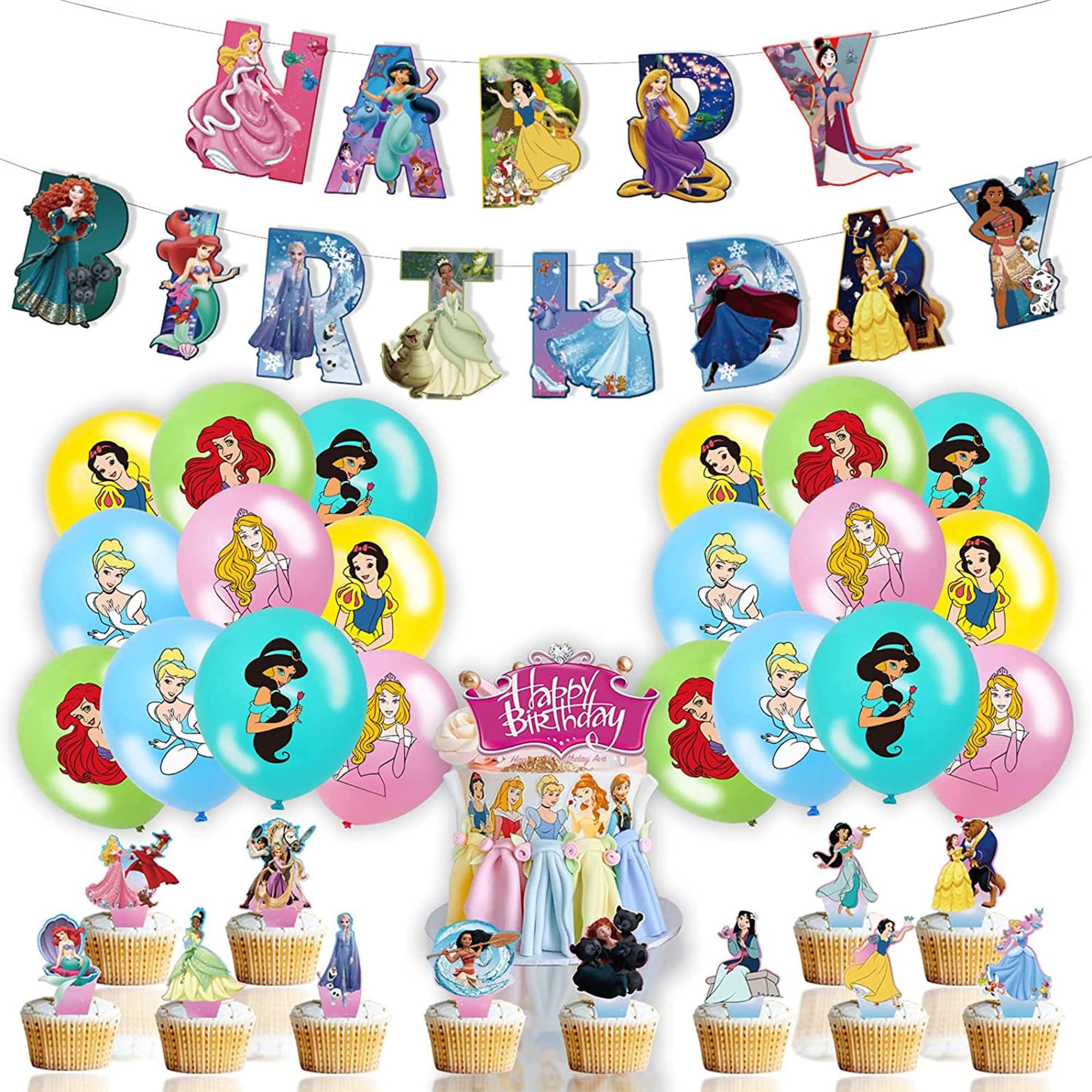 Pick Your Own Set | Kids Party Pack | Decoration Party Supplies | Banner | Cake Toppers | Balloons | Seven Princess/ Snow White/ Cinderella/ Jasmine | Birthday Decoration Party Supplies