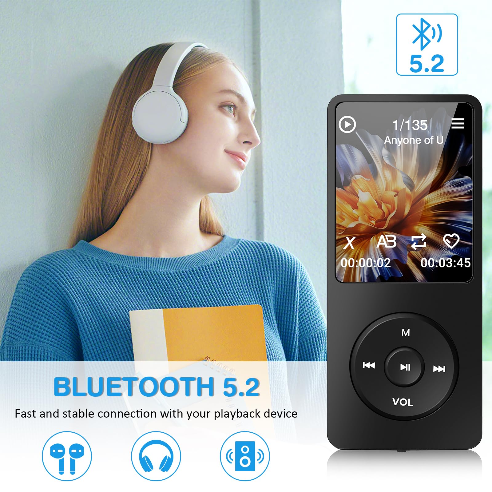 32G MP3 Player - Music Player With Bluetooth 5.0 Built-in HD Speaker, FM Radio,Voice Recorder