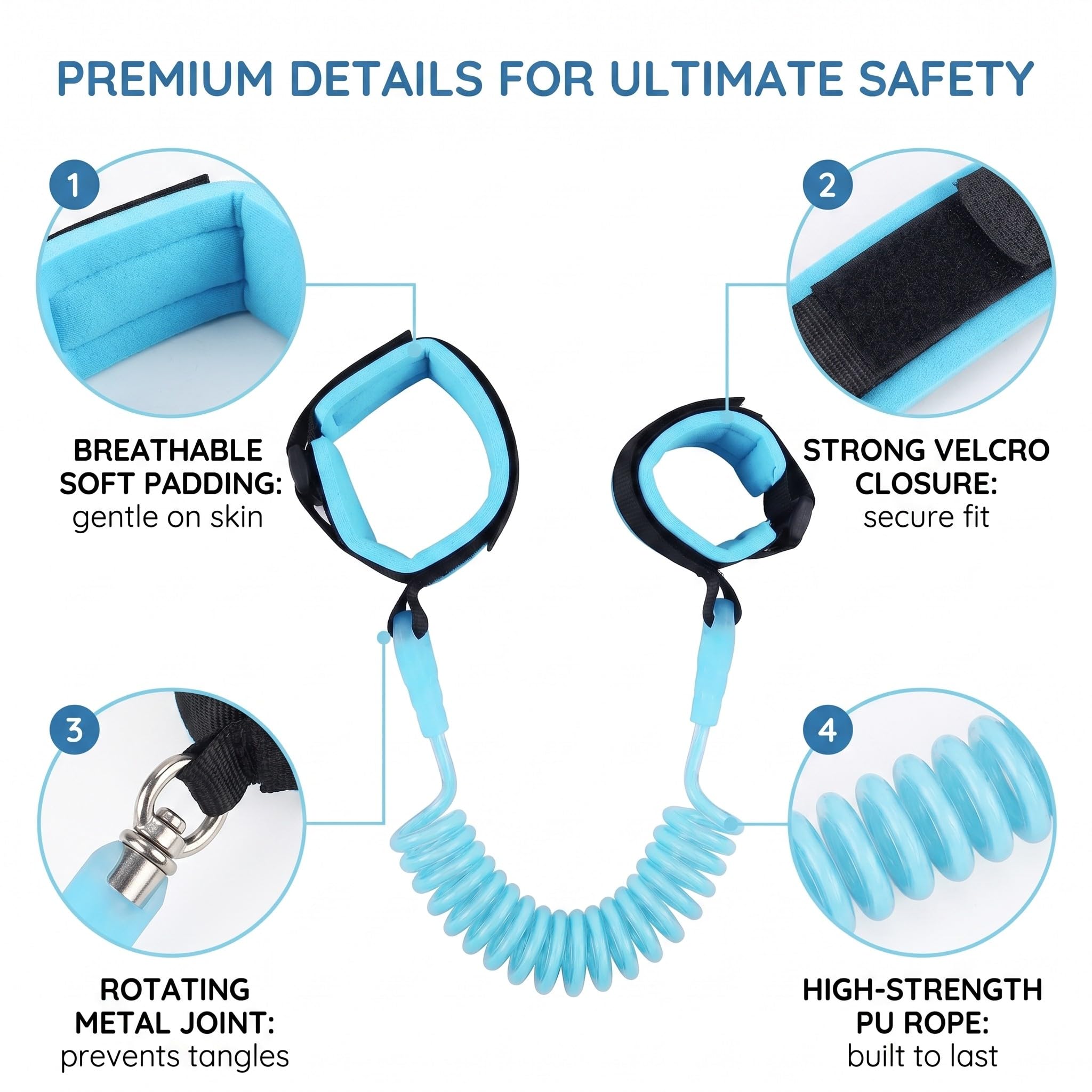 Guinzaglio per Bambini 1.5m con Cavo a Molla Flessibile e Rotazione 360°, Antismarrimento, Blu