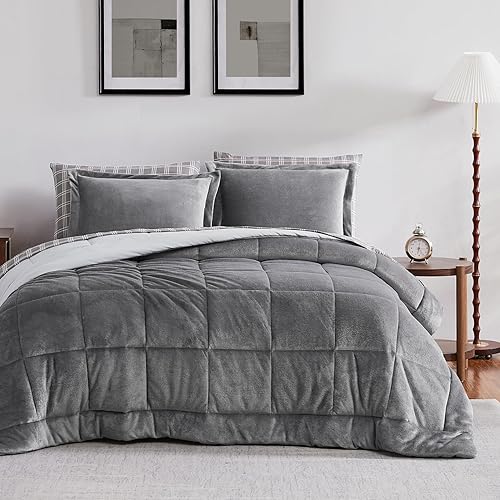 Miniatura 1 de MAIREVE - Juego de edredón de lujo de tamaño matrimonial, juego de ropa de cama de franela gris de 7 piezas tamaño matrimonial, edredones de felpa