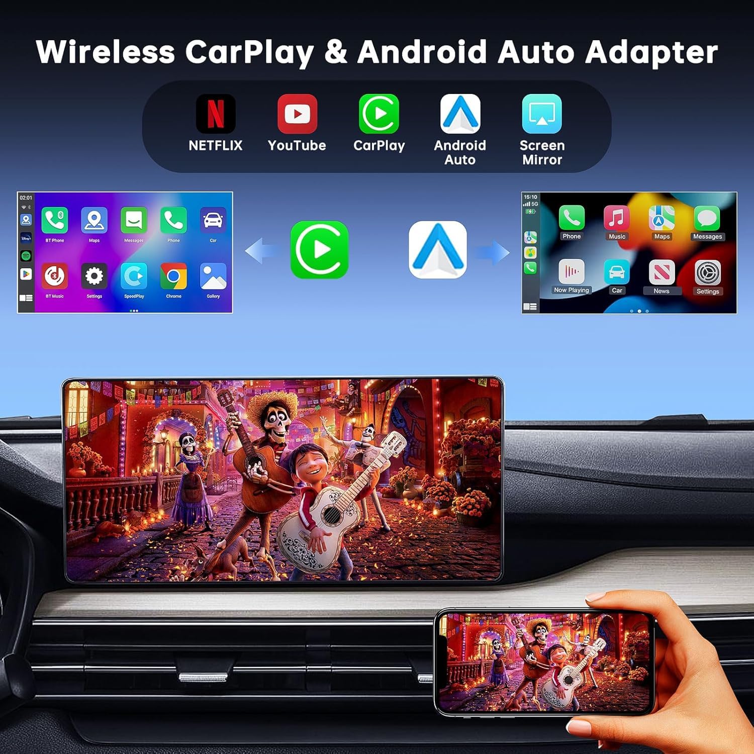Adattatore per auto wireless CarPlay e Android 5 in 1, con Netflix, YouTube, scheda TF, Plug & Play, Magic Video Ai Box per veicoli con Apple CarPlay cablato originale
