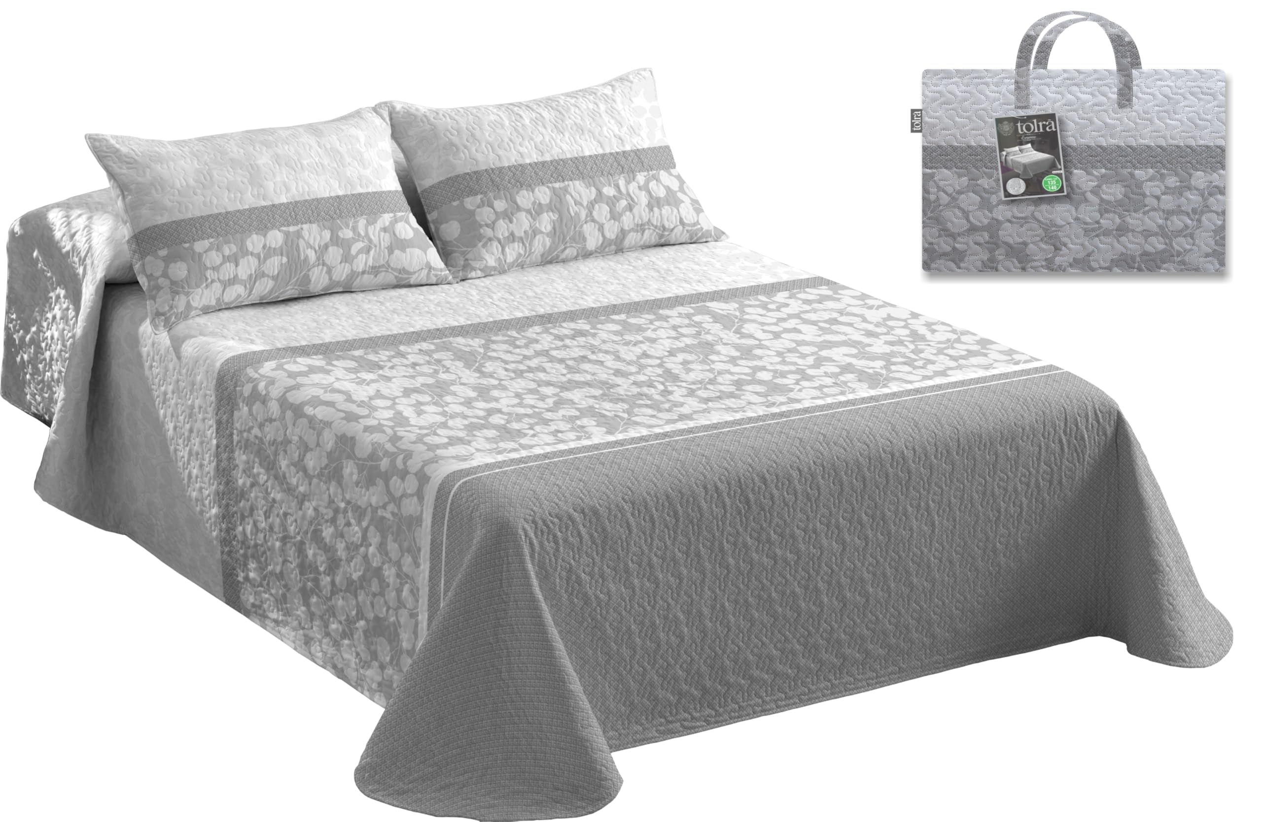 Tolrá | Colcha cubrecama Boutí estampada resistente para Primavera- Verano color gris | Incluye fundas de almohada | 100% Microfibra suave | Cama 135/140cm | Mod Amapola