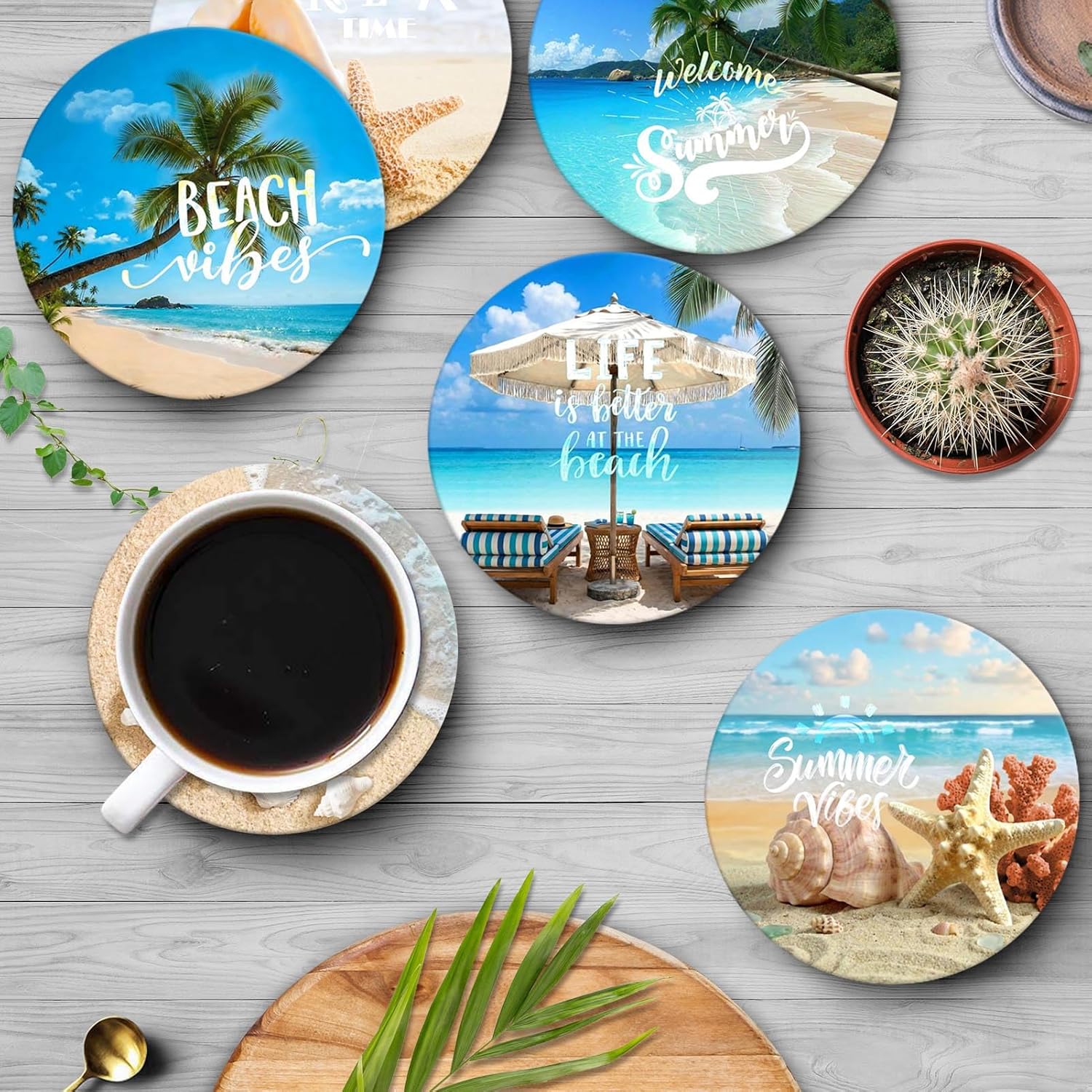 Britimes Coaster for Drinks Set of 6, Tropical Beach Landscape Caribbean Absorbent Round Ceramic Stone Mat, with Cork Base and Metal Holder, Gift for Housewarming Room Bar Decor - Image 2