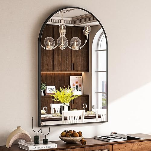 HARRITPURE - Espejo de baño arqueado de 16 x 24 pulgadas, espejo negro montado en la pared, espejo arqueado negro, con marco de aleación de aluminio