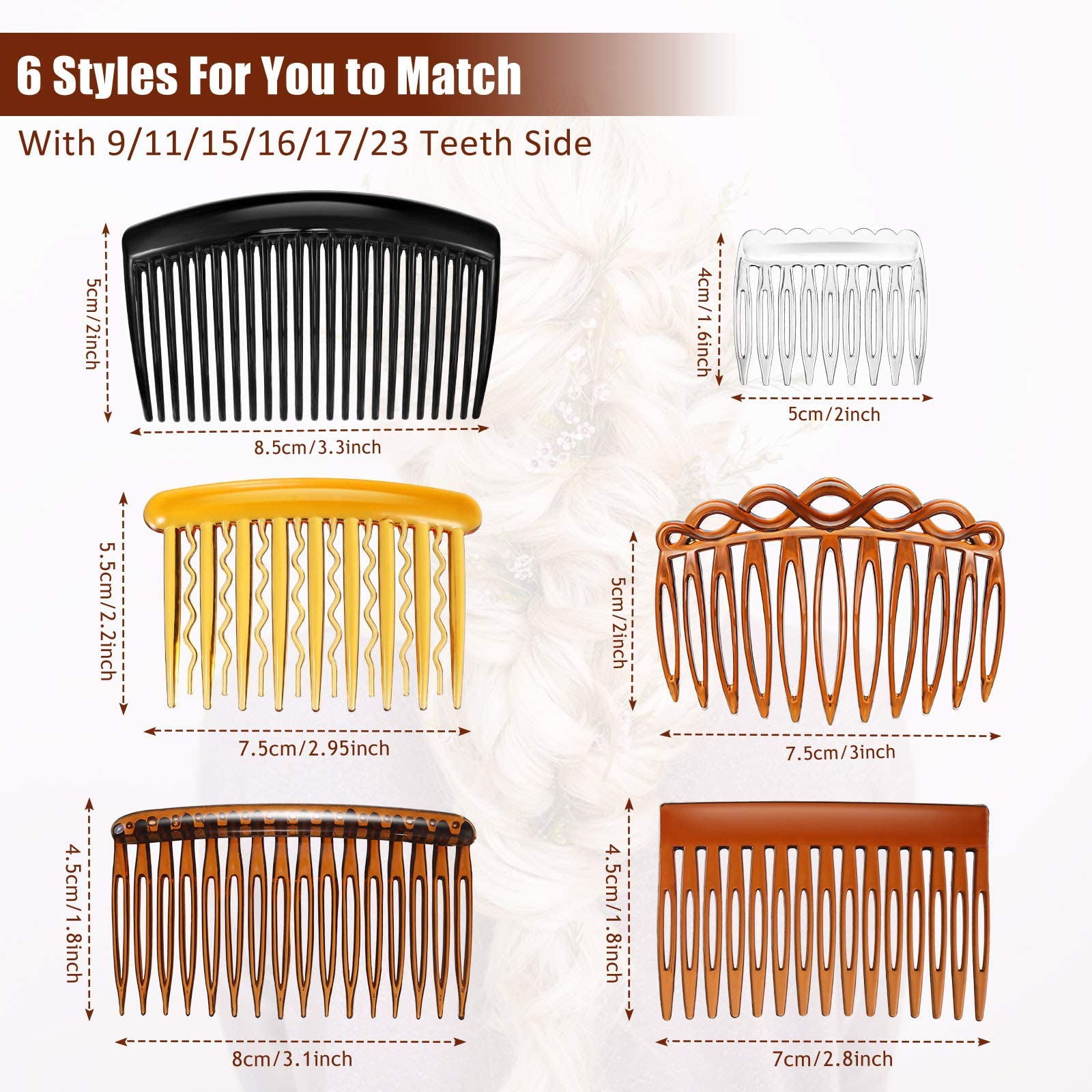 Juego de 24 peines laterales franceses para el cabello, accesorios de plástico para mujeres (9/11/15/16/17/23 dientes laterales) 6