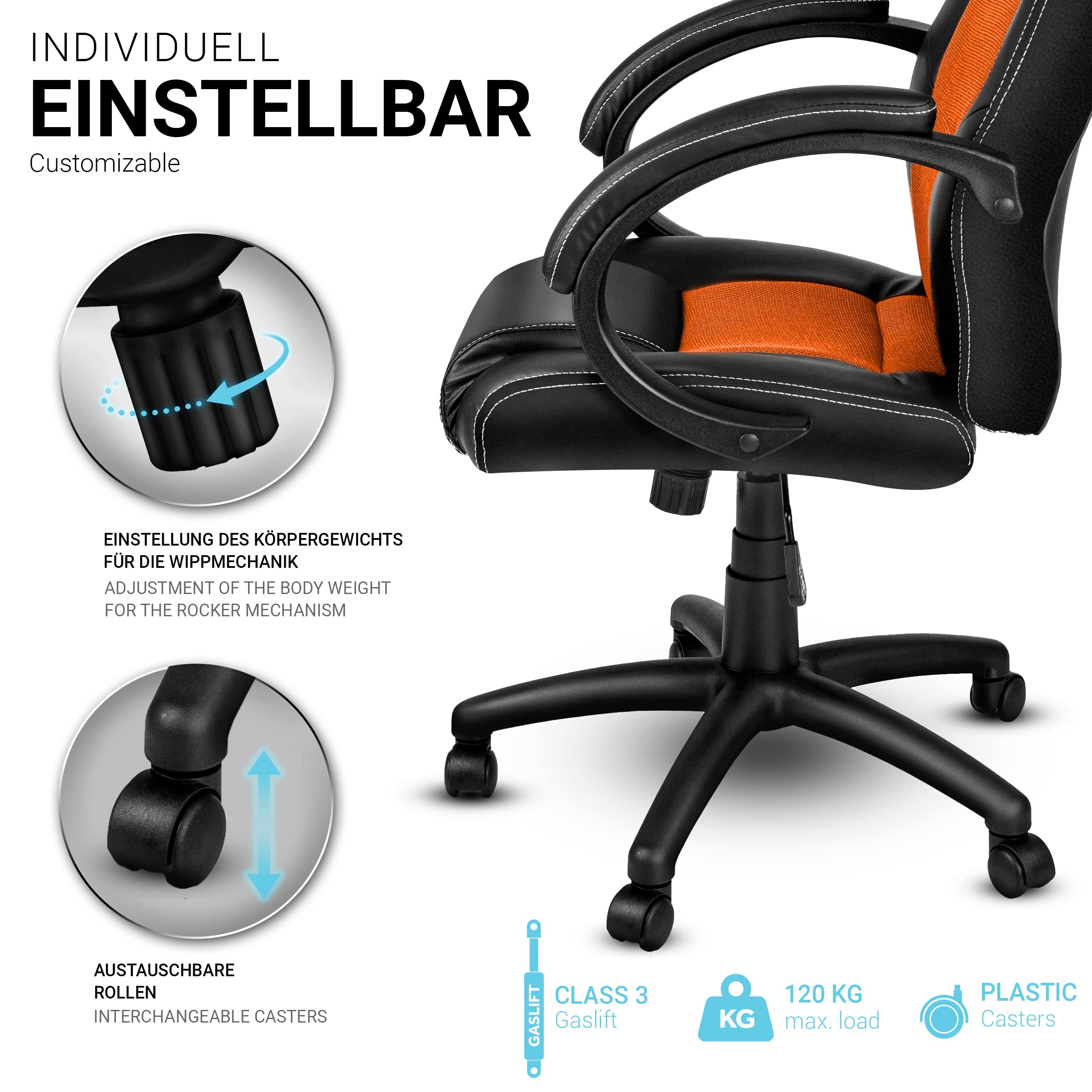 TRESKO® Racing directeursstoel bureaustoel draaistoel 14 kleurvarianten, gevoerde armleuningen, wipmechaniek, liftsysteem SGS-getest (zwart/wit