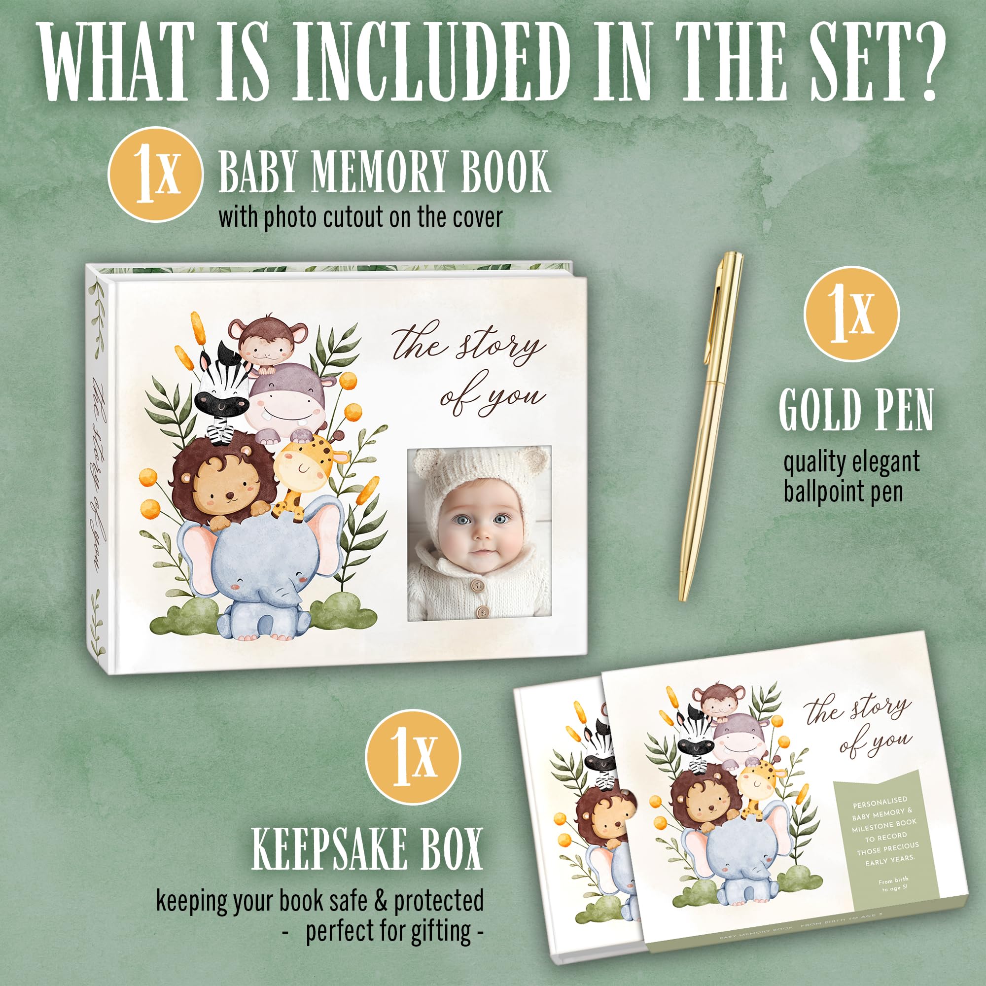 Baby-Erinnerungsbuch – "The Story of You" Erinnerungs-Tagebuch mit Fotoschlitz, Zoo-Tier-Design, Goldstift, flache Bindung, Geschenkbox – 90 farbige Seiten, 22,9 x 29,8 cm