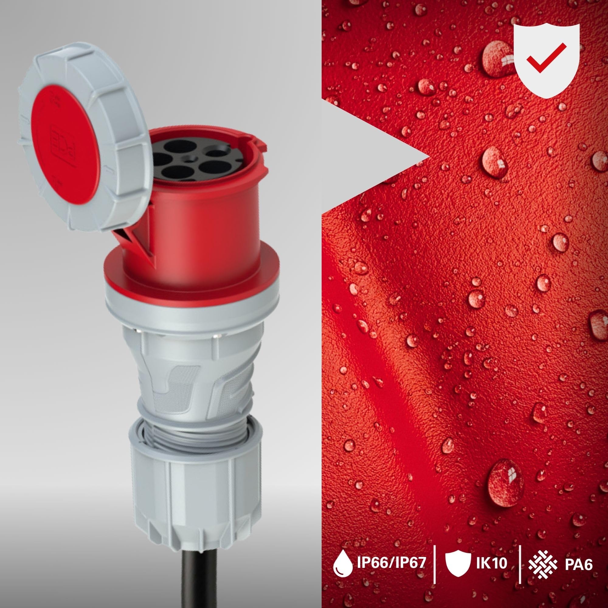 Interflex PCE - Prolunga PowerTwist 125A 5 Poli, IP67, Spina CEE | Accoppiatore industriale con contatti in ottone lamellare, cassa PA6 resistente e protezione antipiega per usi gravosi.